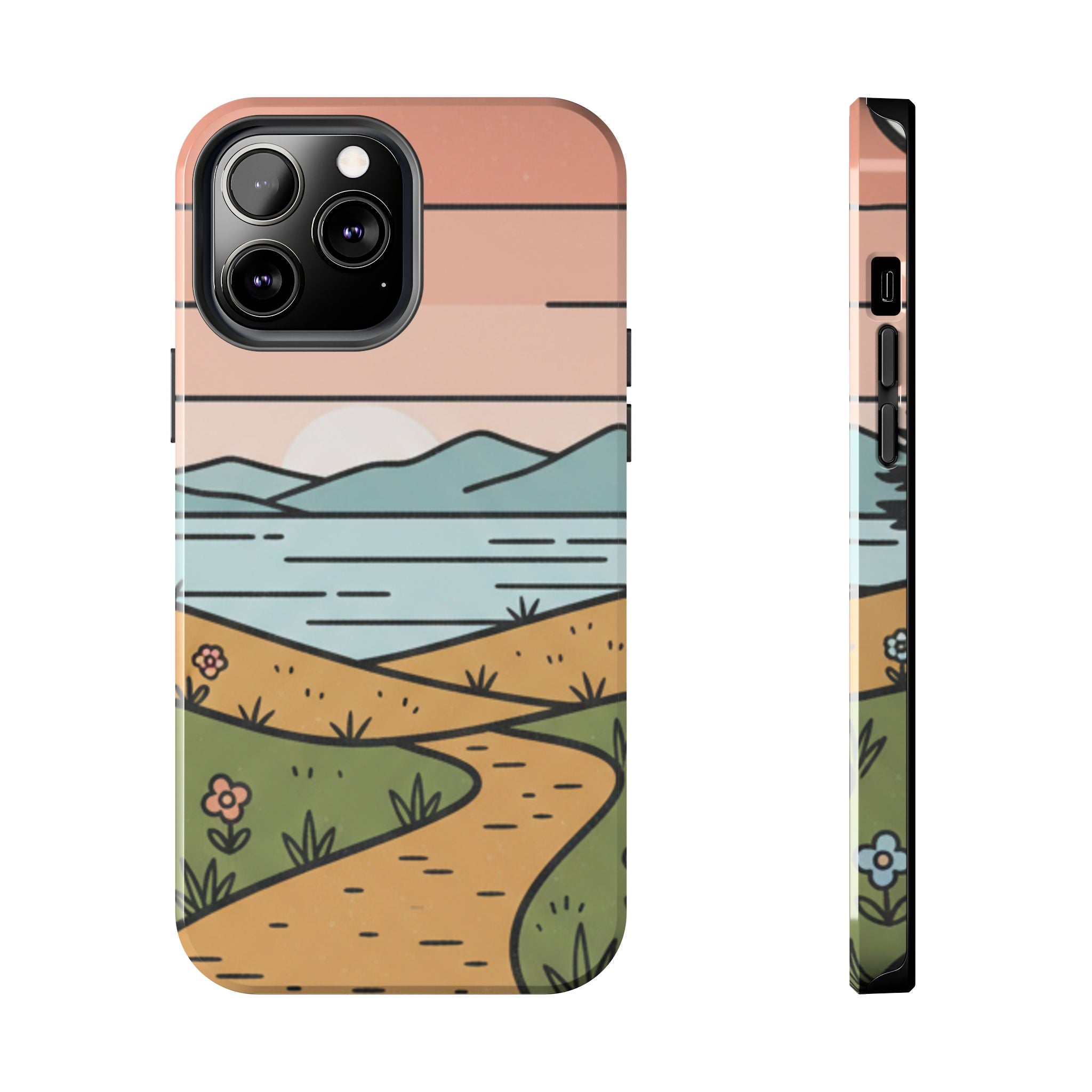 Scenic Path Tough Phone Case — Pastel Lake & Mountain Protective Cover