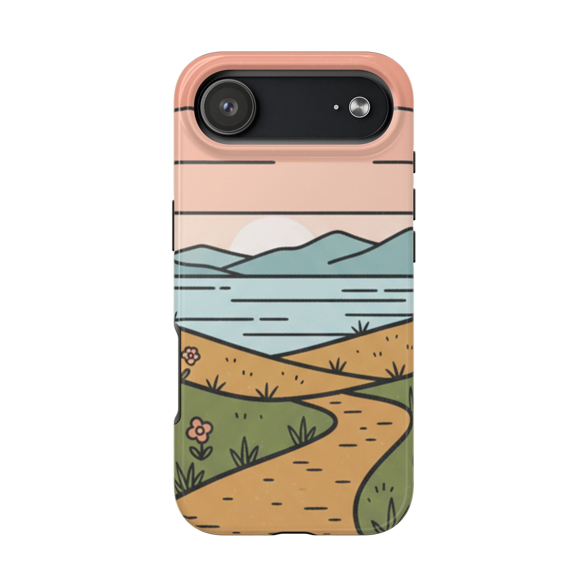 Scenic Path Tough Phone Case — Pastel Lake & Mountain Protective Cover