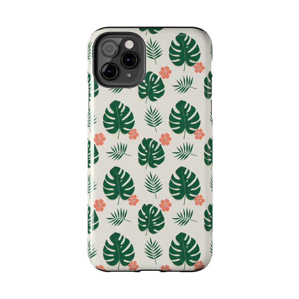 Tropical Leaves Tough Phone Case — Monstera & Pink Floral Protective Cover