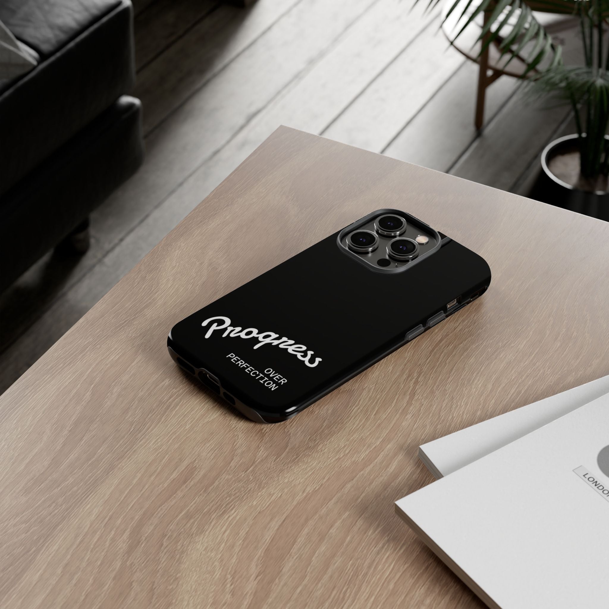 Phone Case - "Progress Over Perfection" Glossy Black Protective Cover