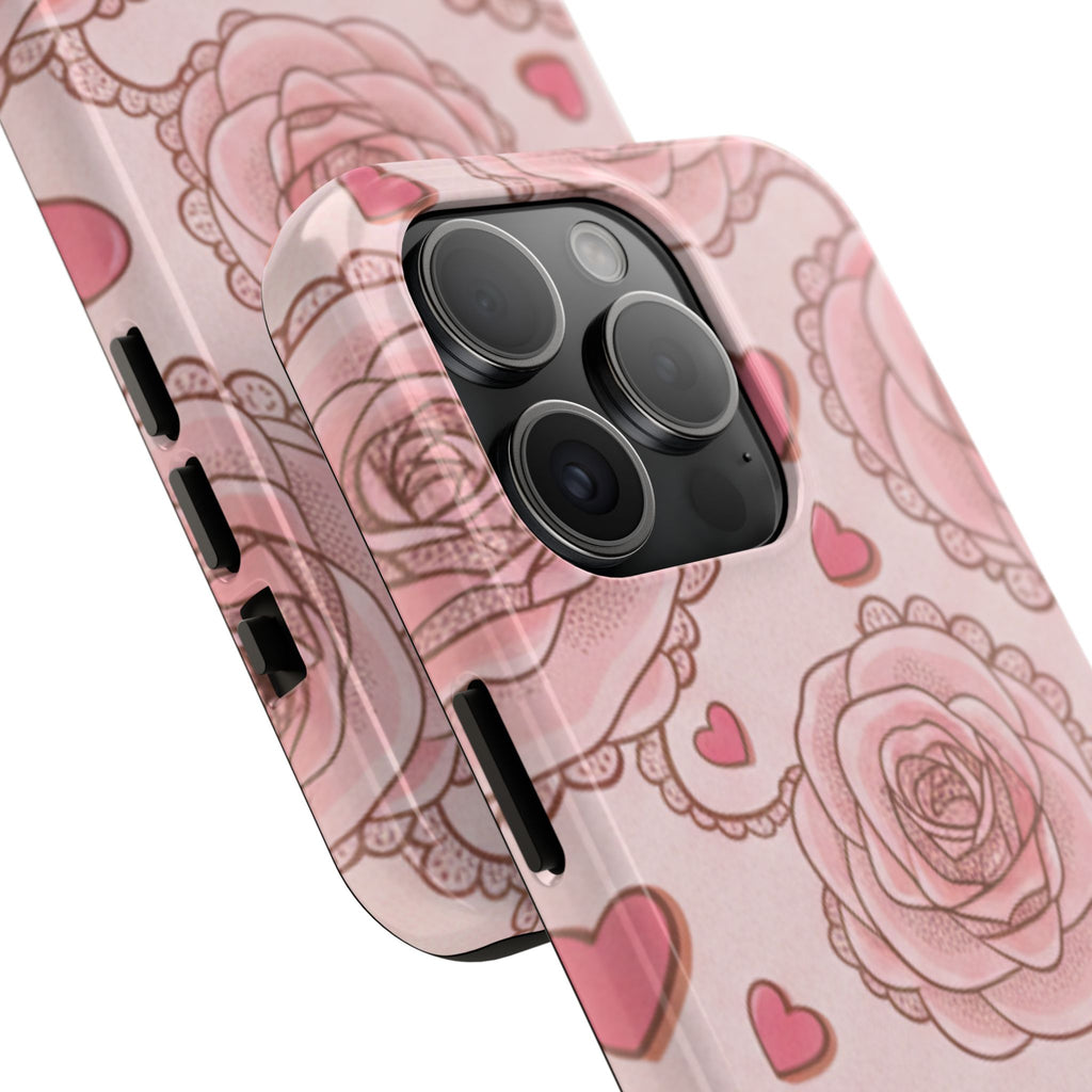 Floral Heart Phone Case — Pink Rose Pattern Tough Protective Case