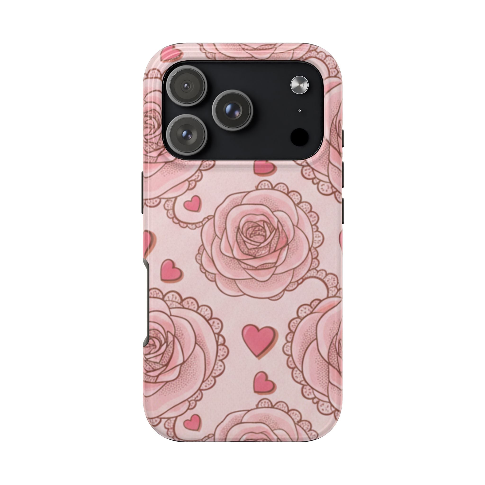 Floral Heart Phone Case — Pink Rose Pattern Tough Protective Case