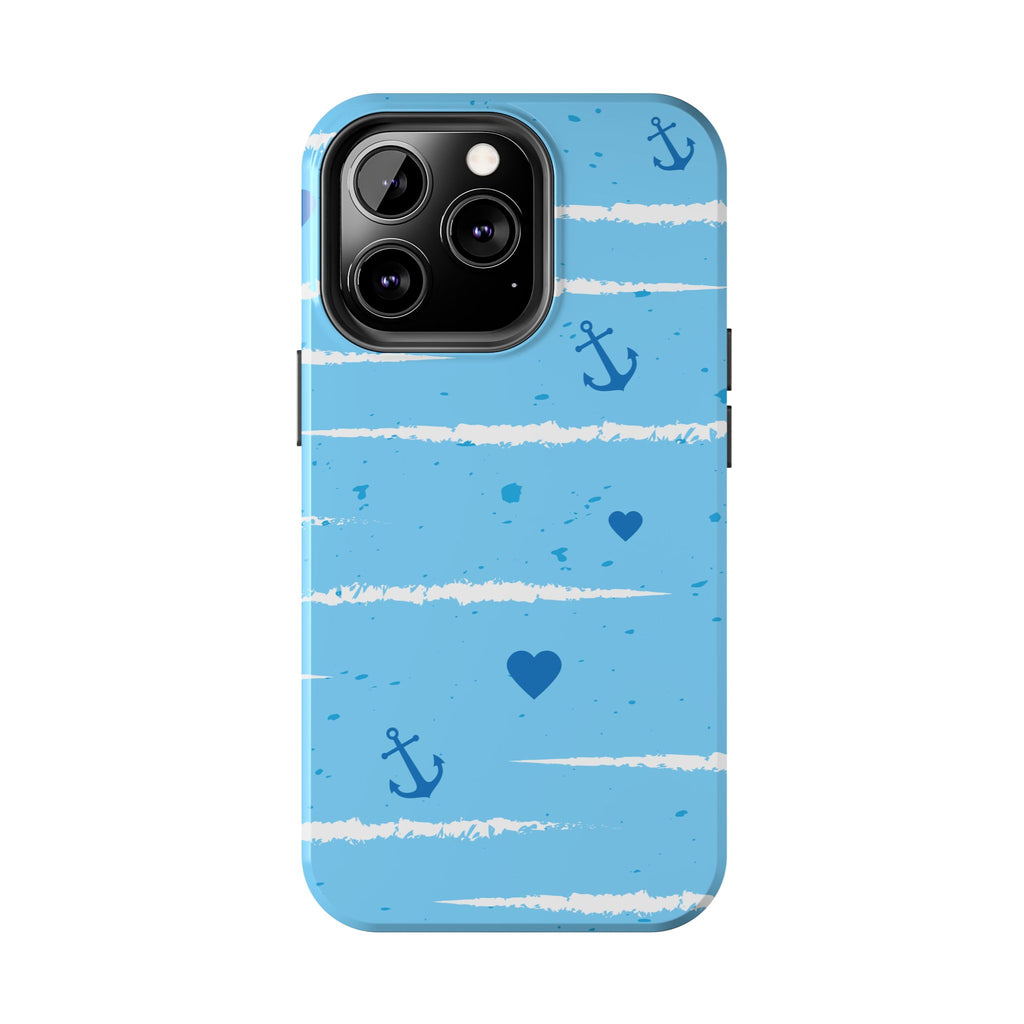 Nautical Blue Anchor & Hearts Tough Phone Case — Cute Striped Protective Cover