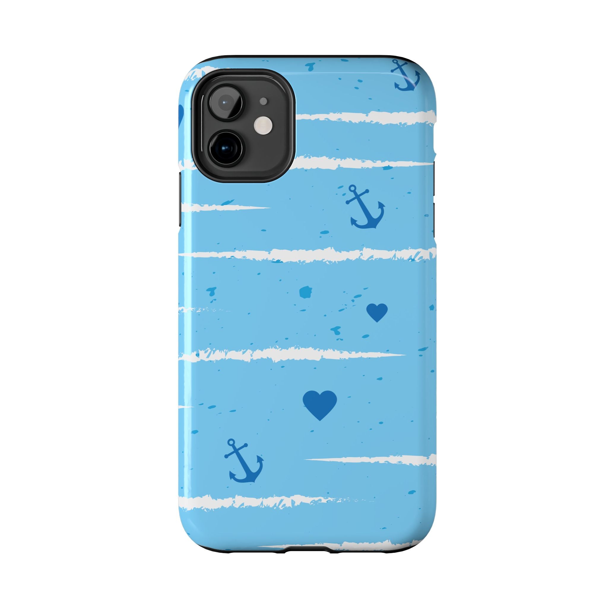 Nautical Blue Anchor & Hearts Tough Phone Case — Cute Striped Protective Cover