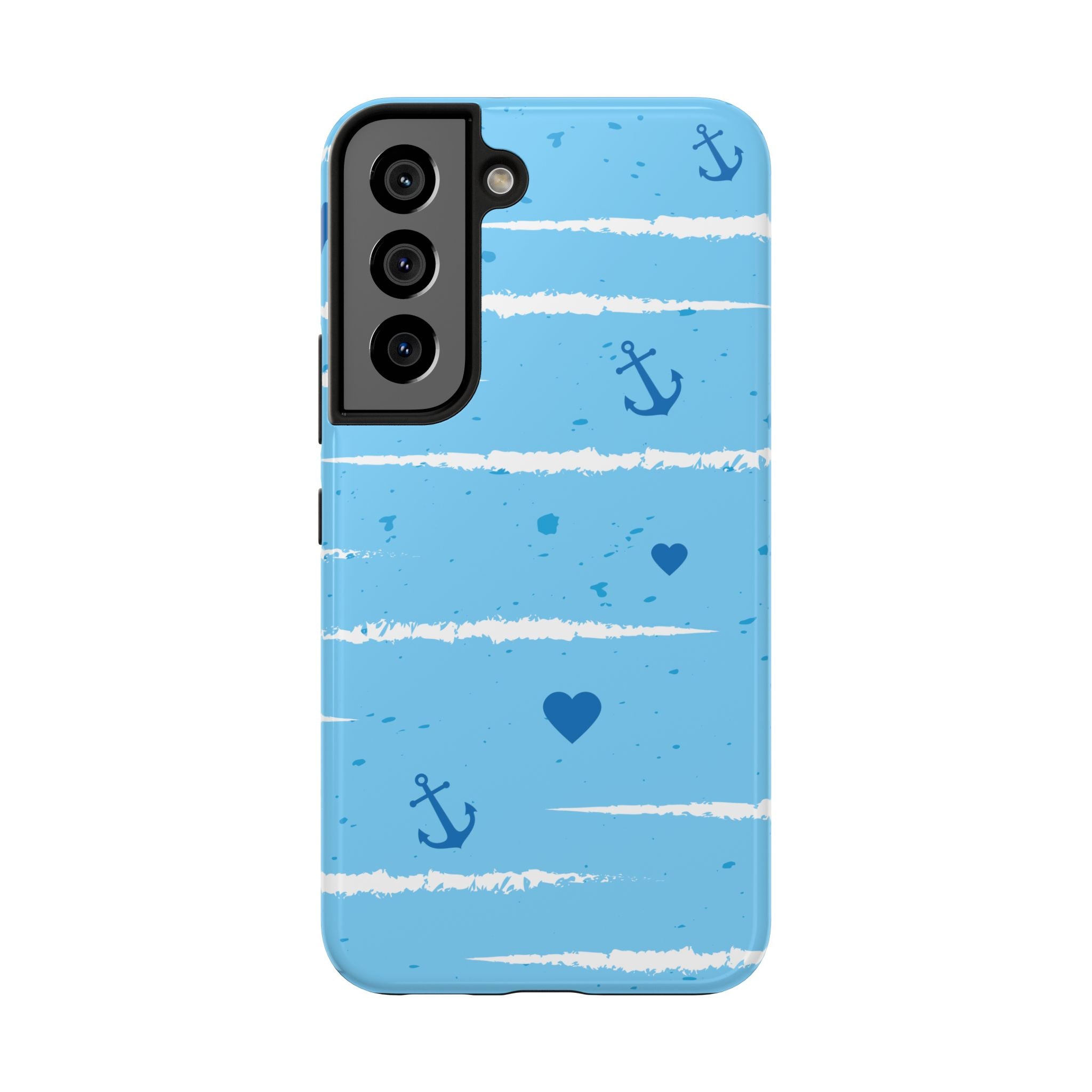 Nautical Blue Anchor & Hearts Tough Phone Case — Cute Striped Protective Cover