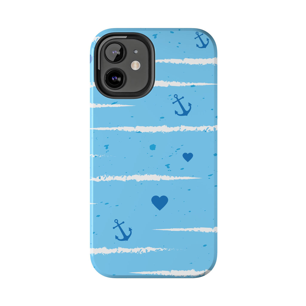Nautical Blue Anchor & Hearts Tough Phone Case — Cute Striped Protective Cover