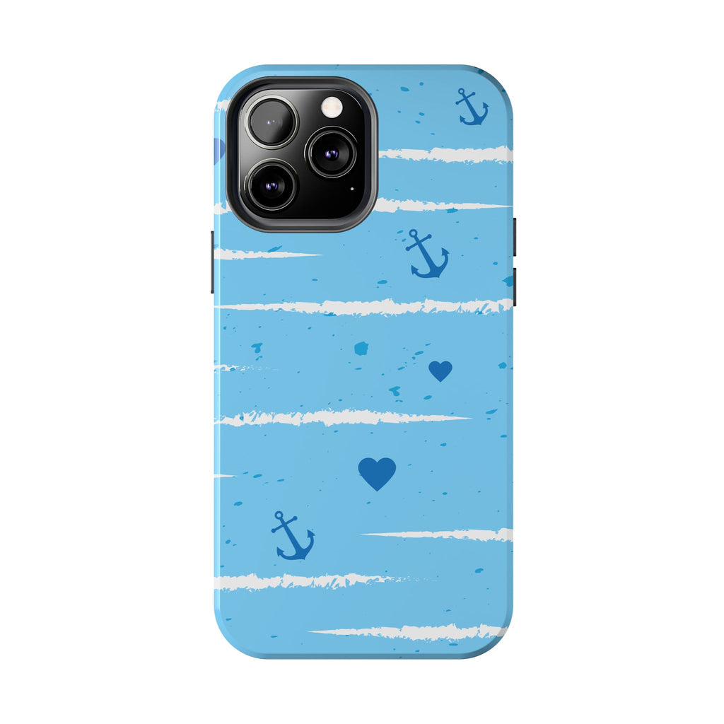 Nautical Blue Anchor & Hearts Tough Phone Case — Cute Striped Protective Cover