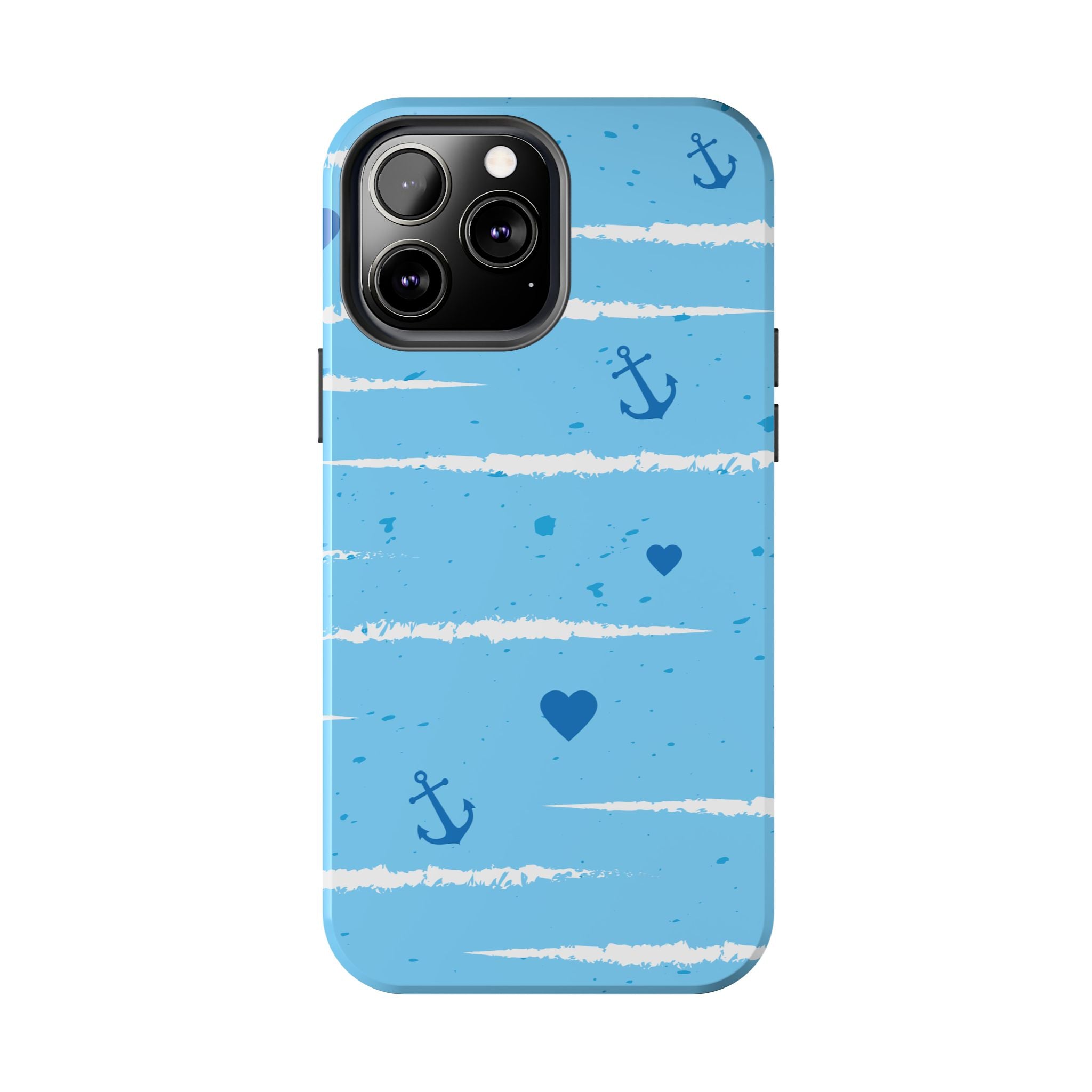 Nautical Blue Anchor & Hearts Tough Phone Case — Cute Striped Protective Cover
