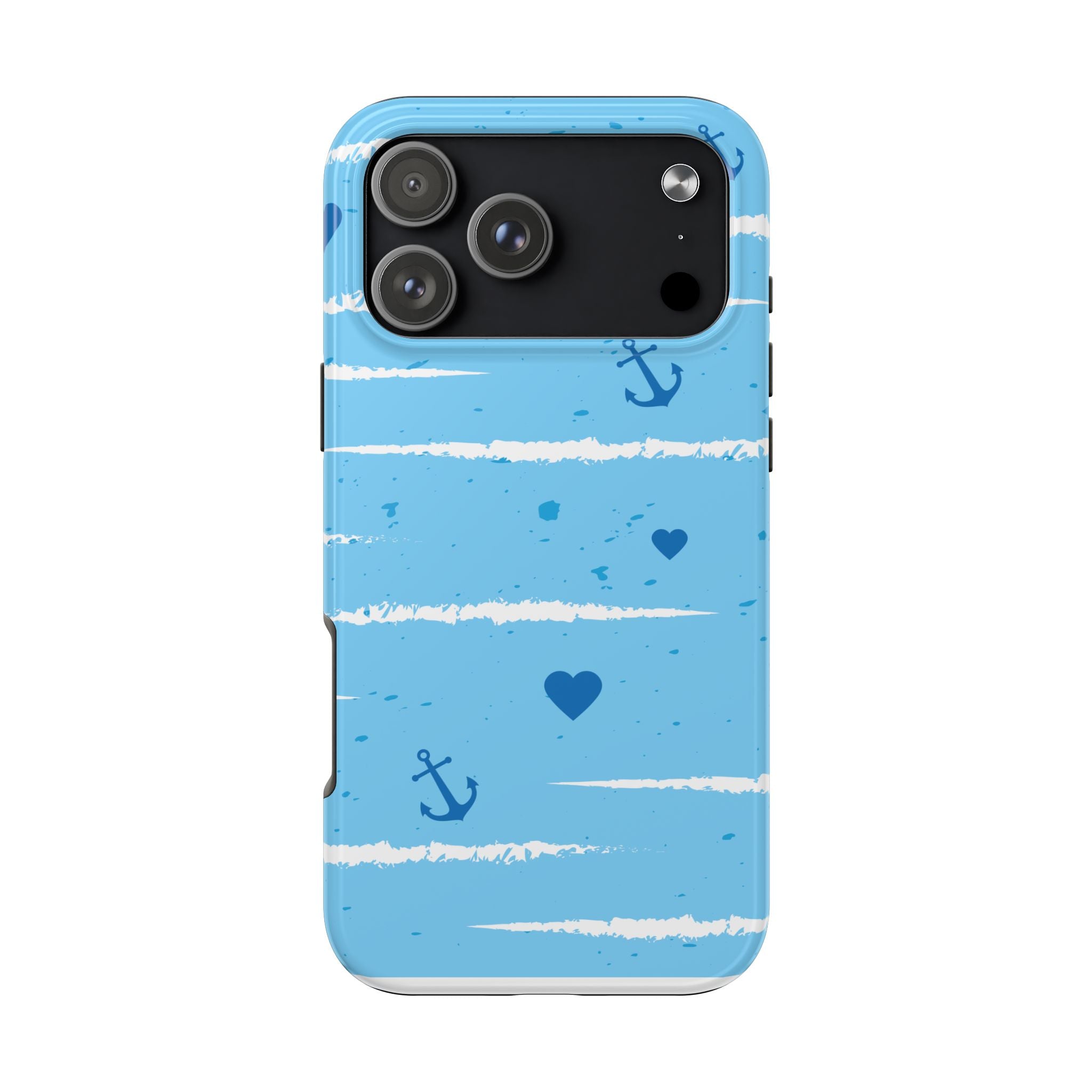 Nautical Blue Anchor & Hearts Tough Phone Case — Cute Striped Protective Cover