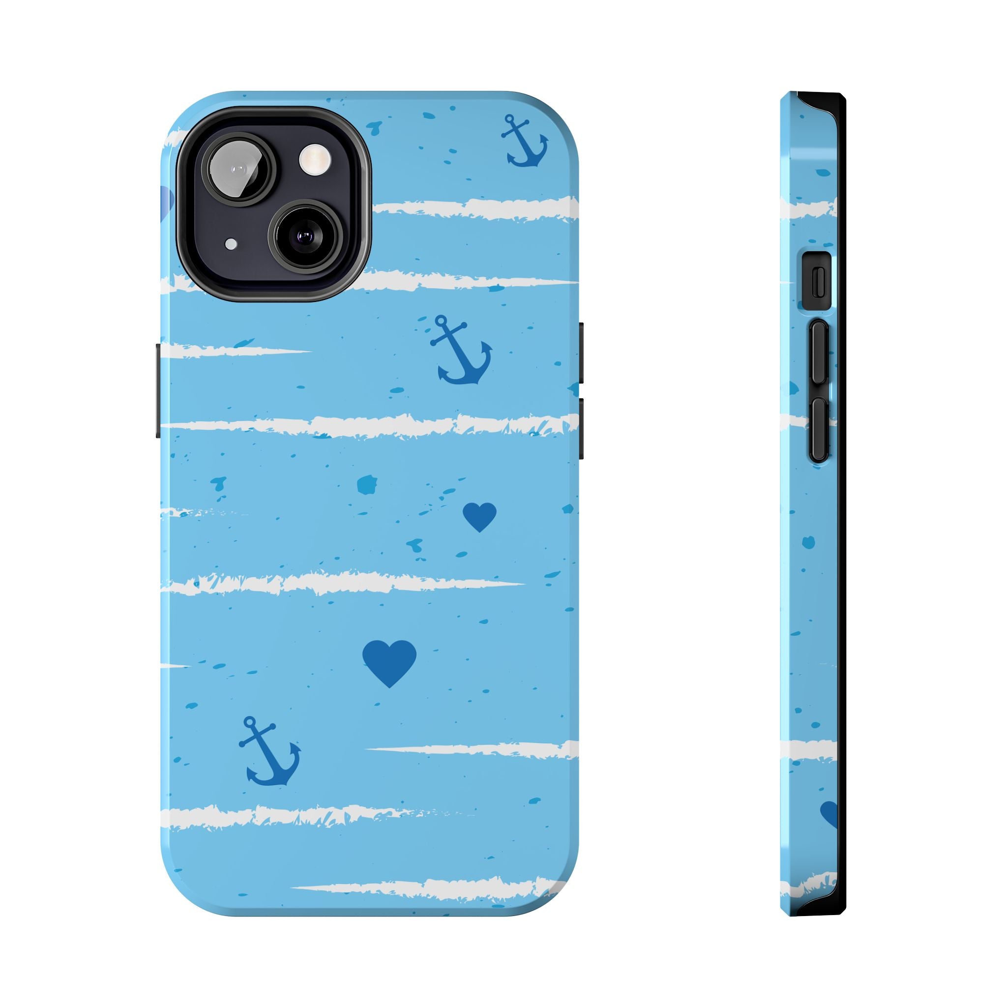 Nautical Blue Anchor & Hearts Tough Phone Case — Cute Striped Protective Cover