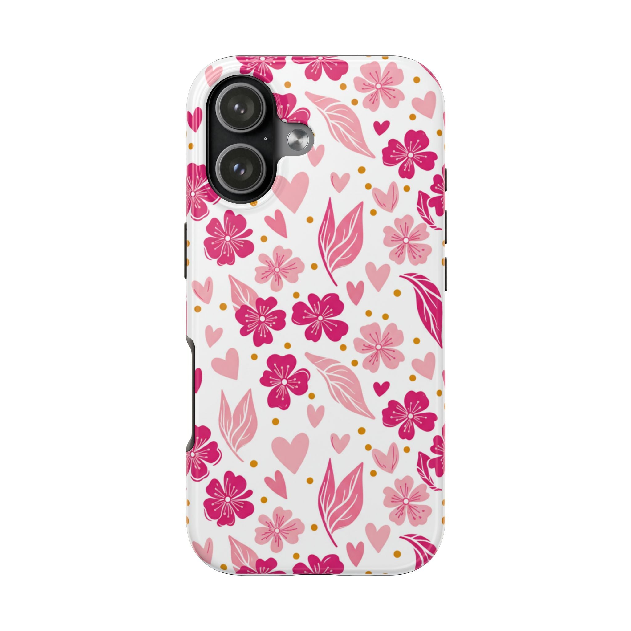 Pink Floral Tough Phone Case — Cherry Blossom Hearts Protective Cover