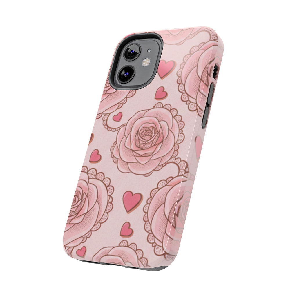 Floral Heart Phone Case — Pink Rose Pattern Tough Protective Case