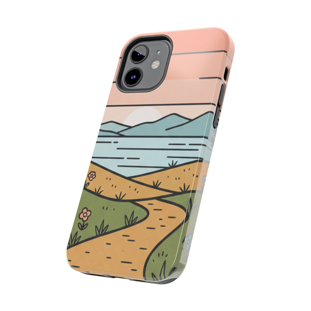 Scenic Path Tough Phone Case — Pastel Lake & Mountain Protective Cover