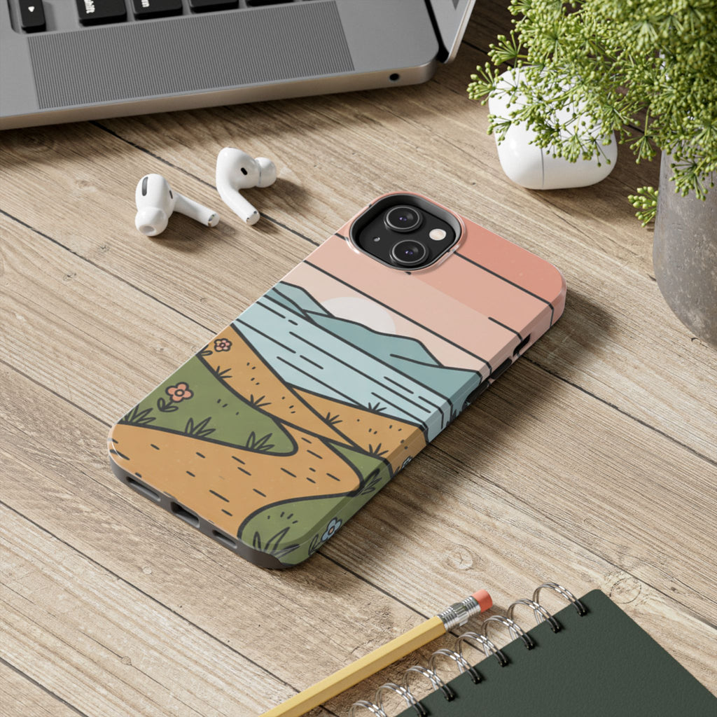 Scenic Path Tough Phone Case — Pastel Lake & Mountain Protective Cover