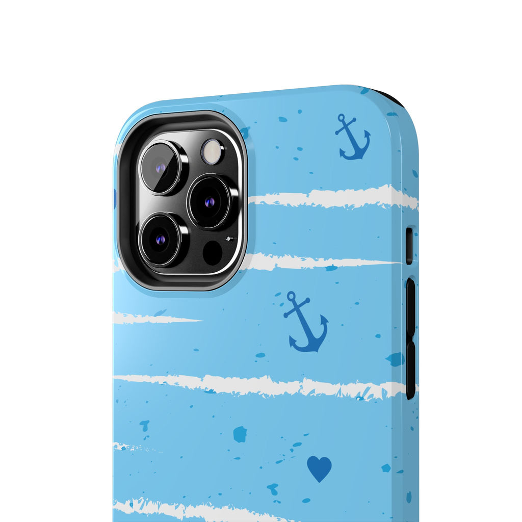 Nautical Blue Anchor & Hearts Tough Phone Case — Cute Striped Protective Cover