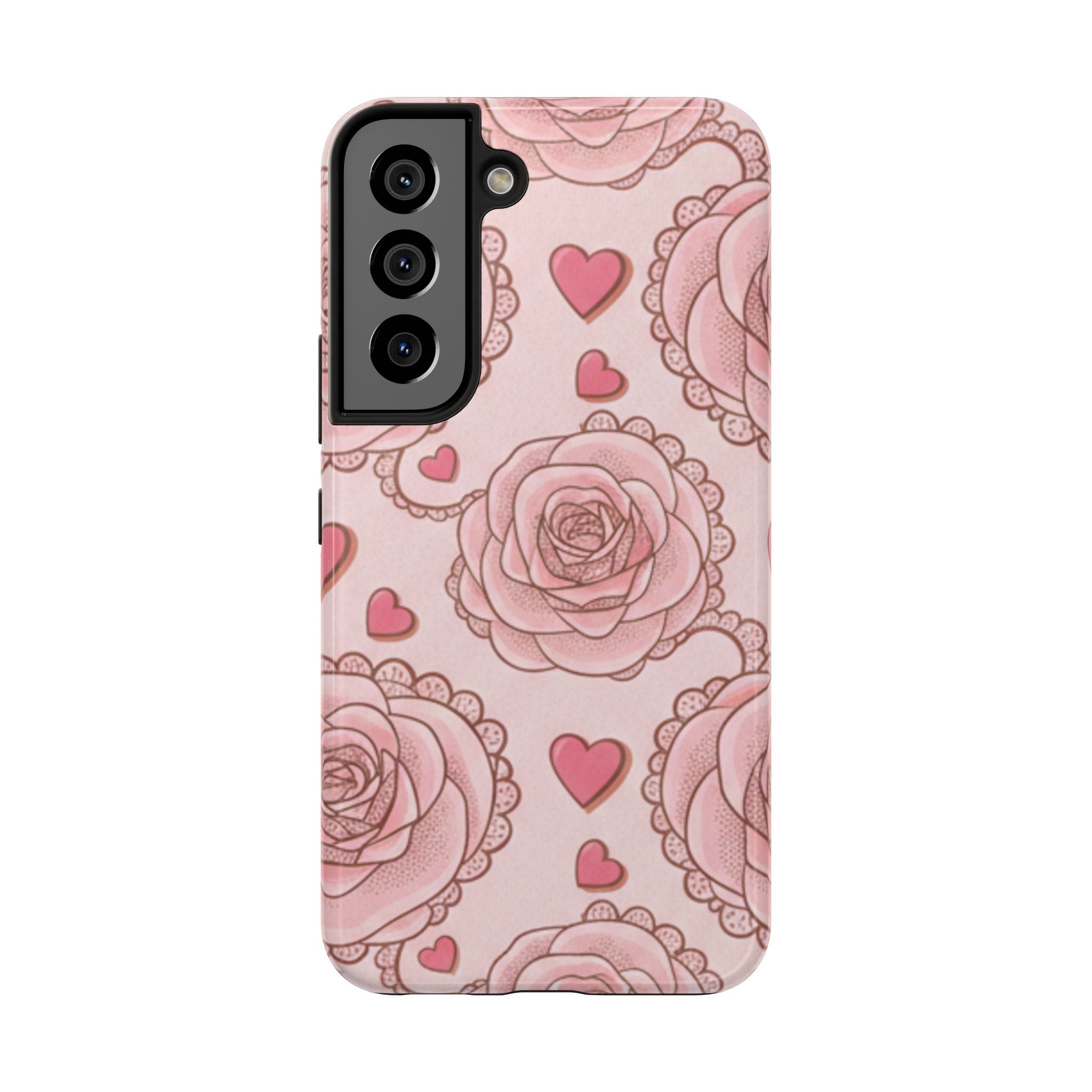 Floral Heart Phone Case — Pink Rose Pattern Tough Protective Case