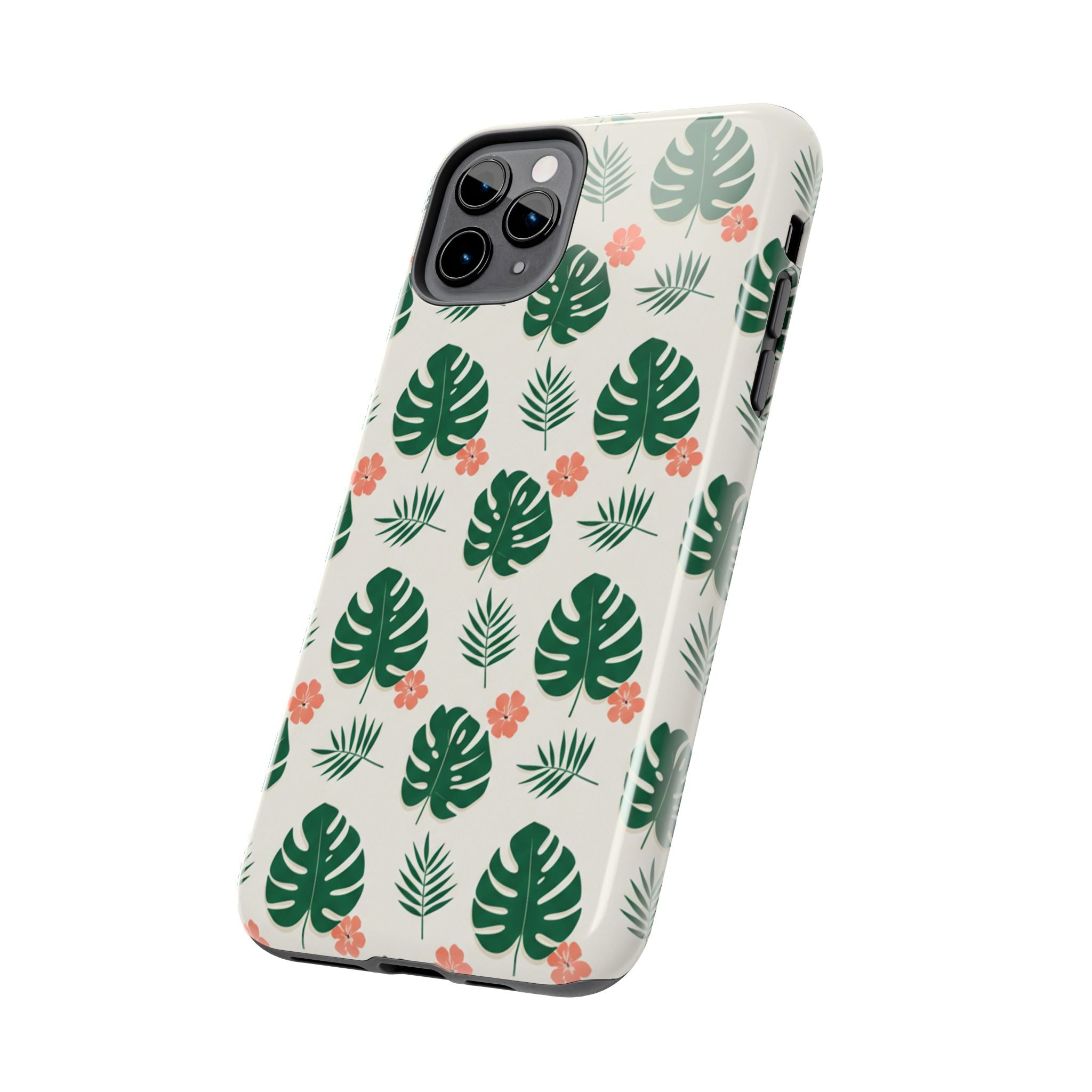 Tropical Leaves Tough Phone Case — Monstera & Pink Floral Protective Cover