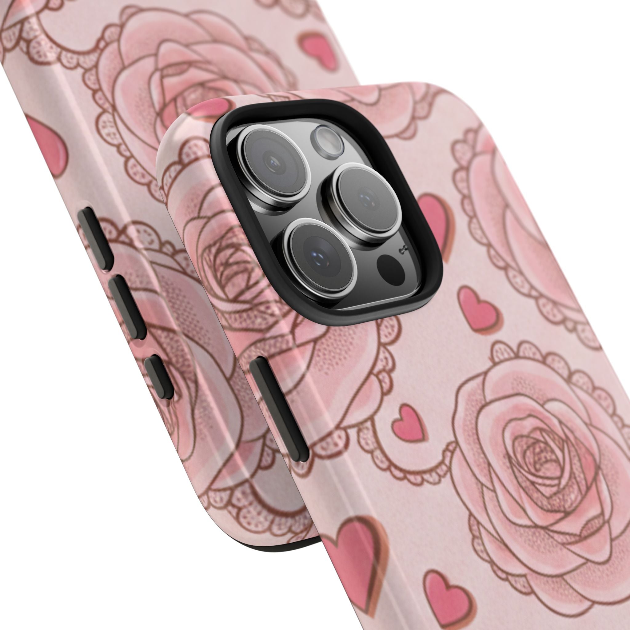 Floral Heart Phone Case — Pink Rose Pattern Tough Protective Case