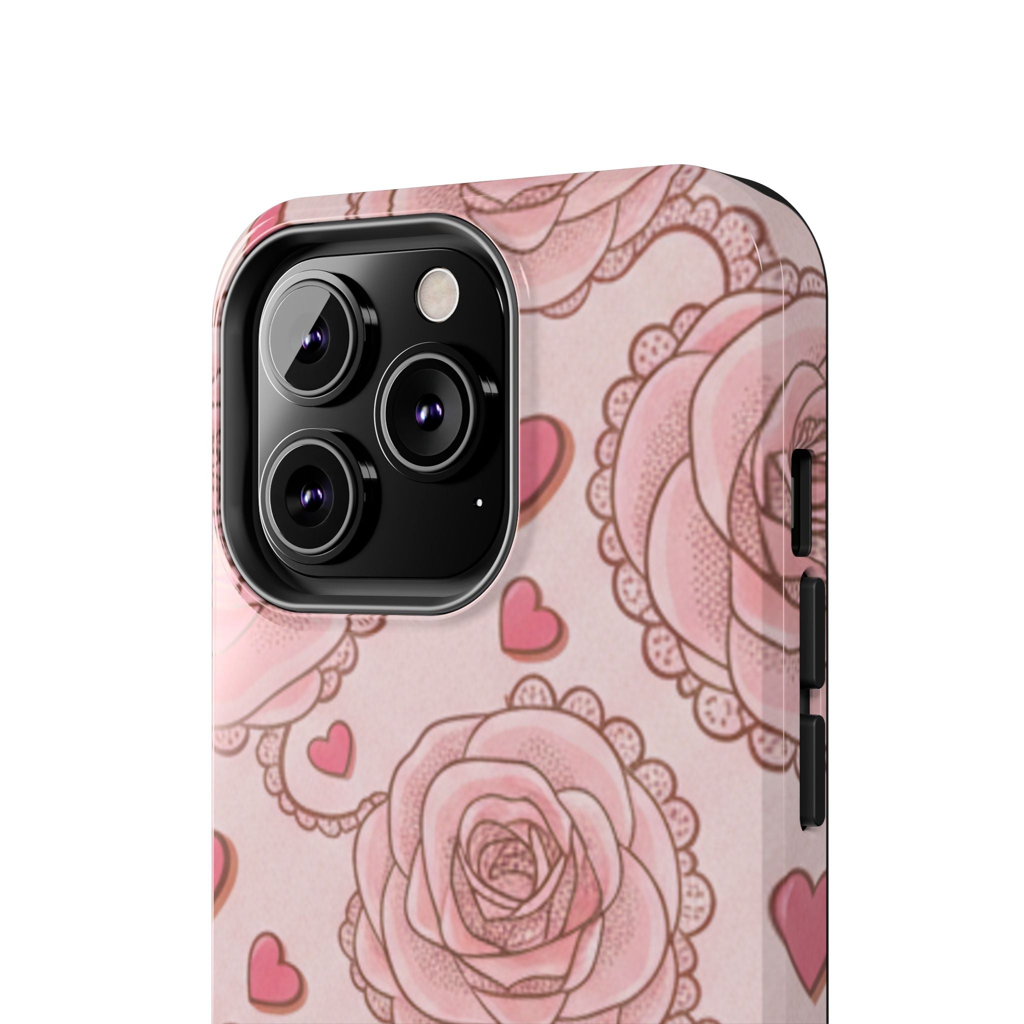 Floral Heart Phone Case — Pink Rose Pattern Tough Protective Case