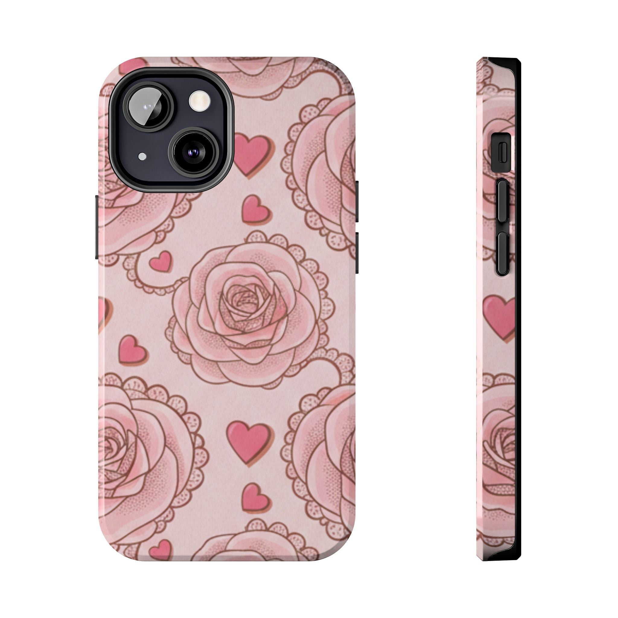 Floral Heart Phone Case — Pink Rose Pattern Tough Protective Case