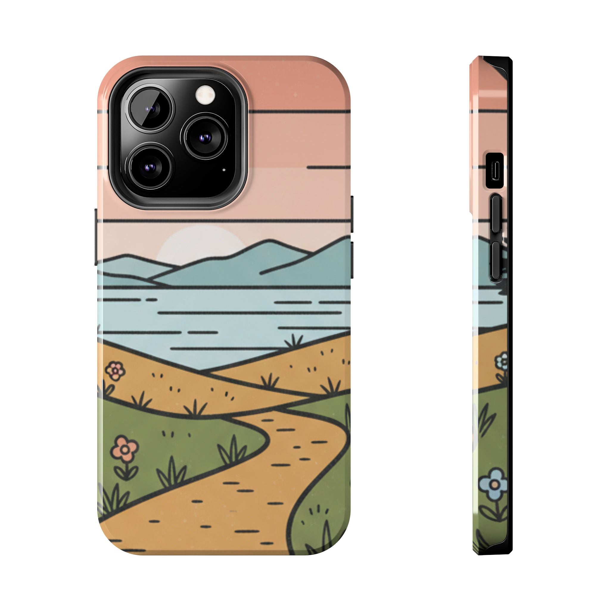 Scenic Path Tough Phone Case — Pastel Lake & Mountain Protective Cover