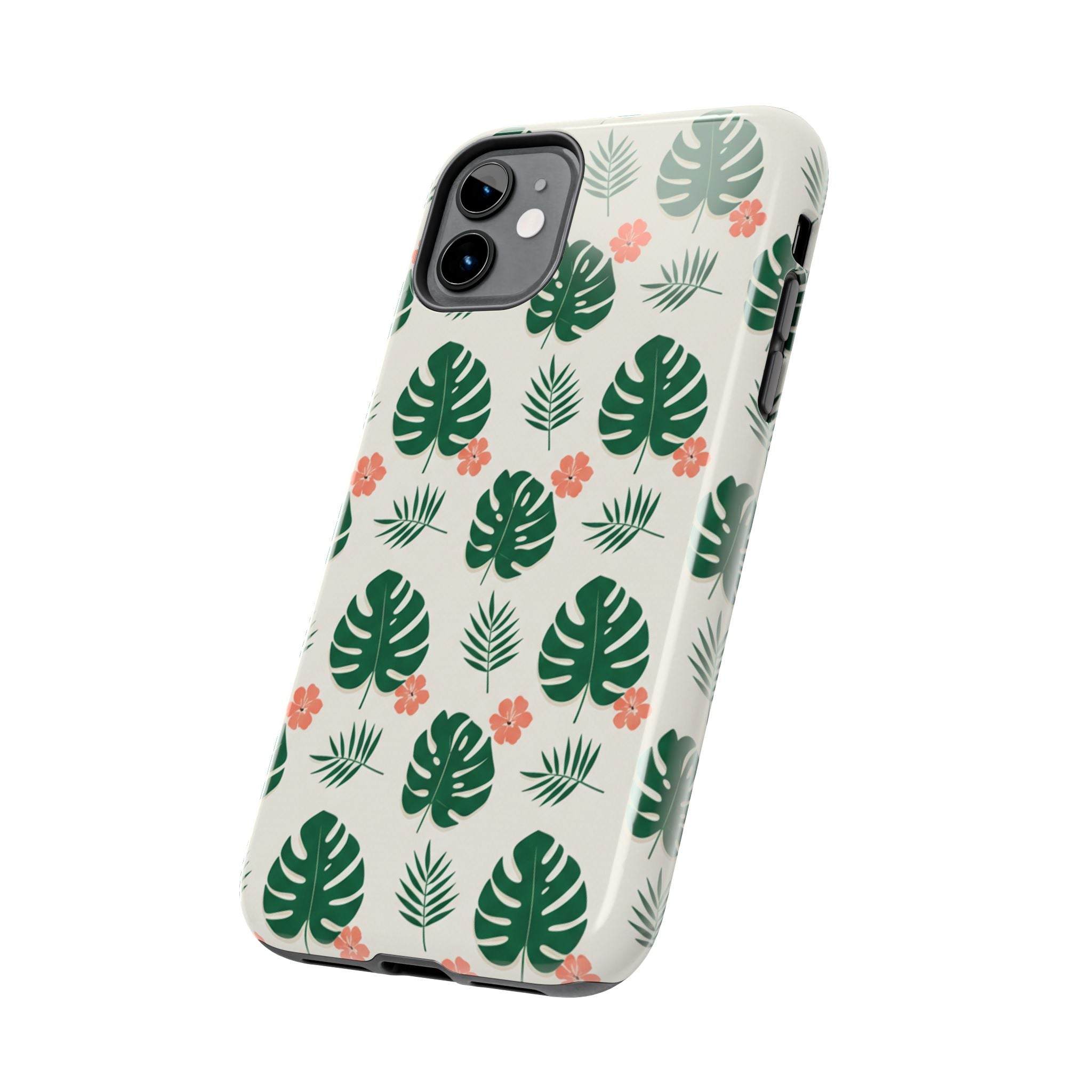 Tropical Leaves Tough Phone Case — Monstera & Pink Floral Protective Cover