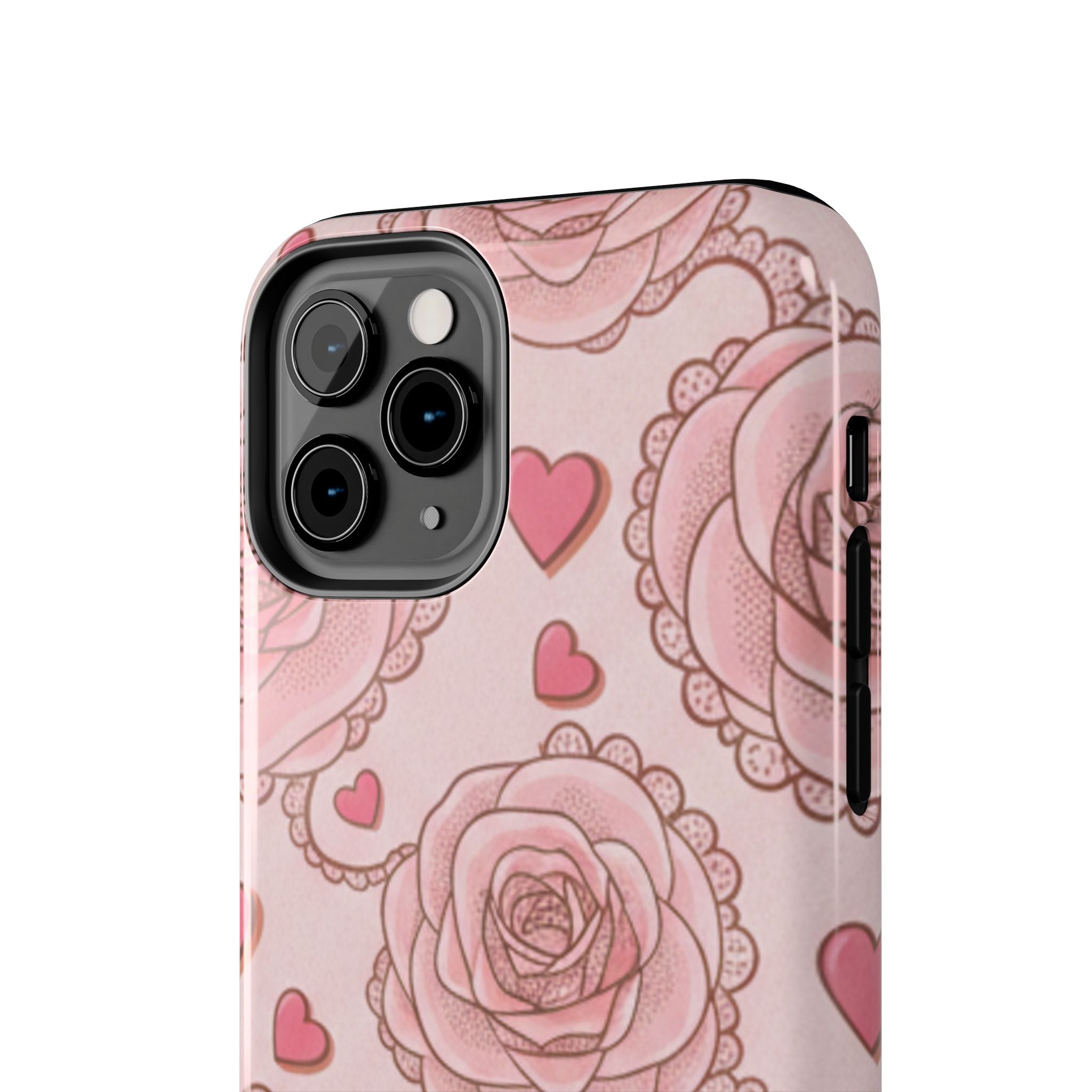 Floral Heart Phone Case — Pink Rose Pattern Tough Protective Case