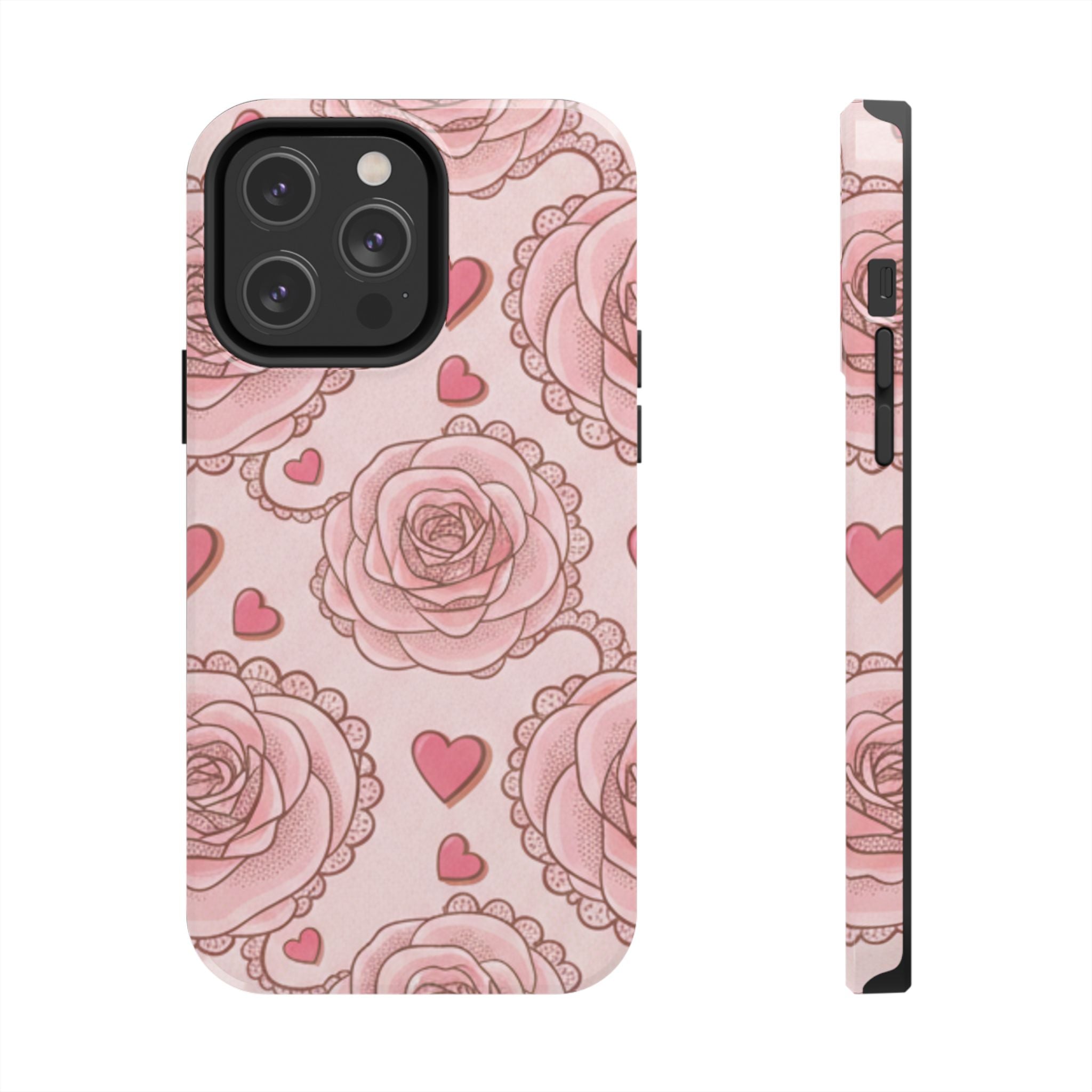 Floral Heart Phone Case — Pink Rose Pattern Tough Protective Case
