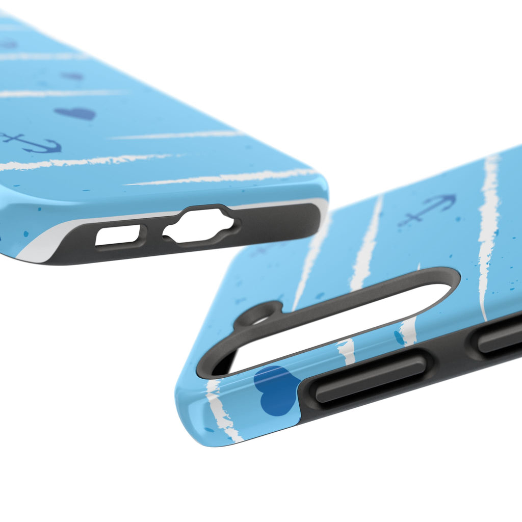 Nautical Blue Anchor & Hearts Tough Phone Case — Cute Striped Protective Cover