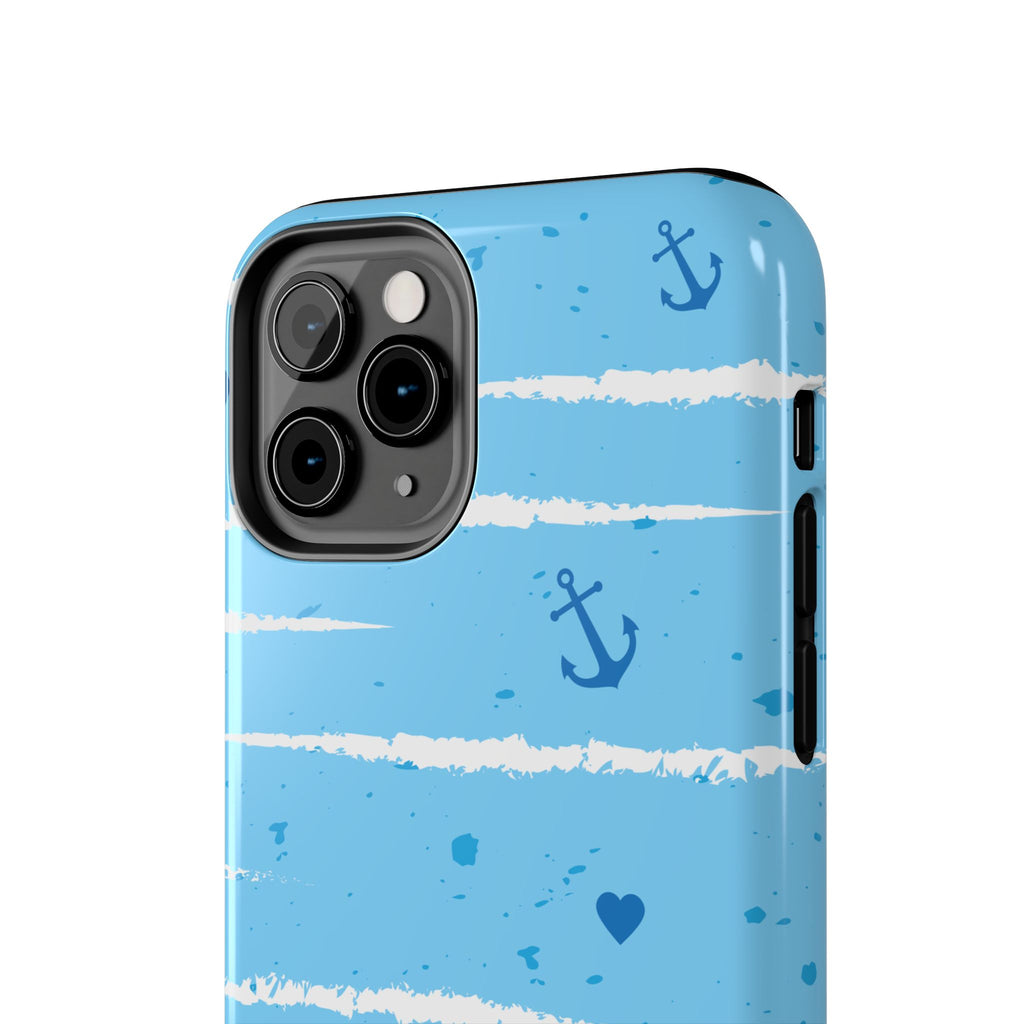 Nautical Blue Anchor & Hearts Tough Phone Case — Cute Striped Protective Cover