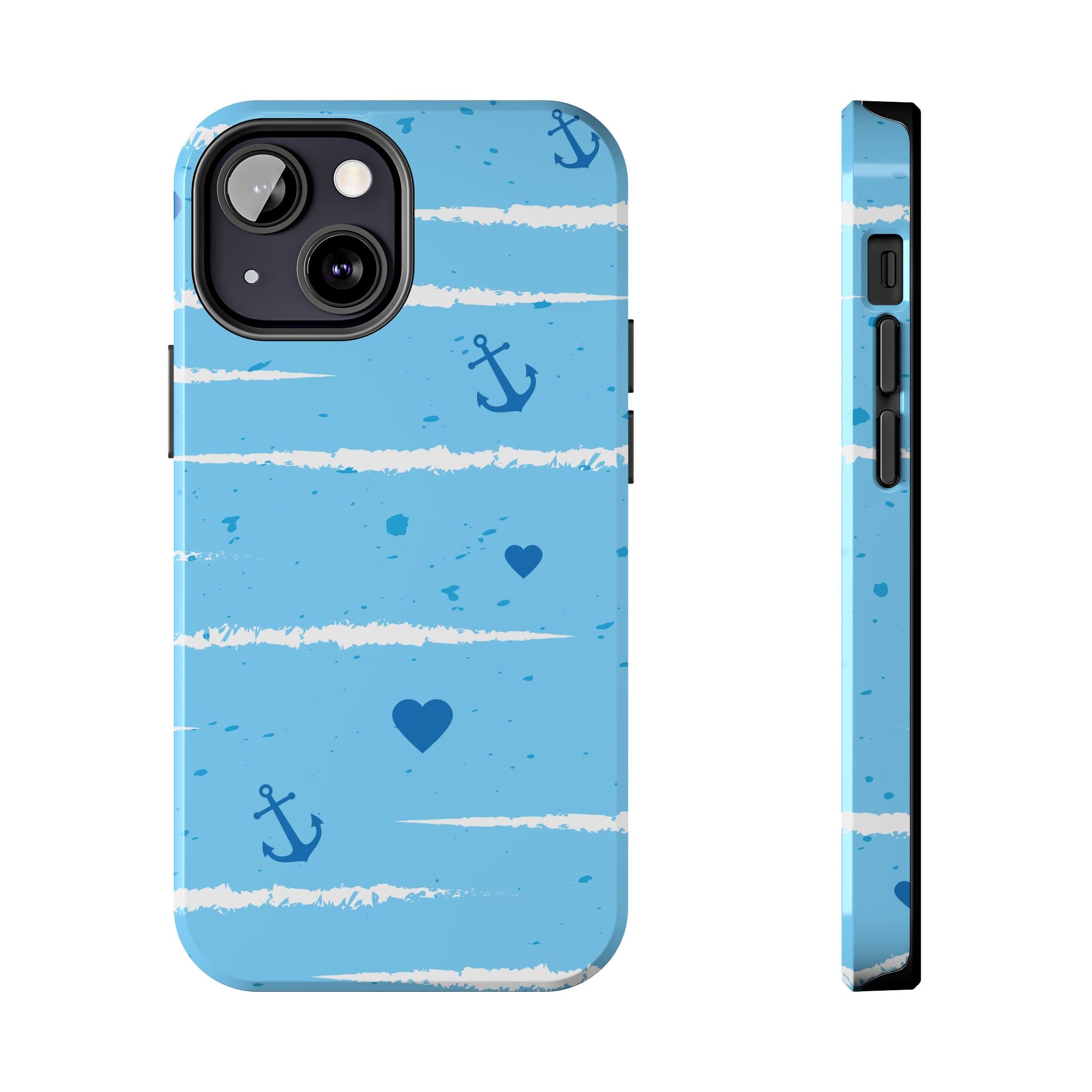 Nautical Blue Anchor & Hearts Tough Phone Case — Cute Striped Protective Cover