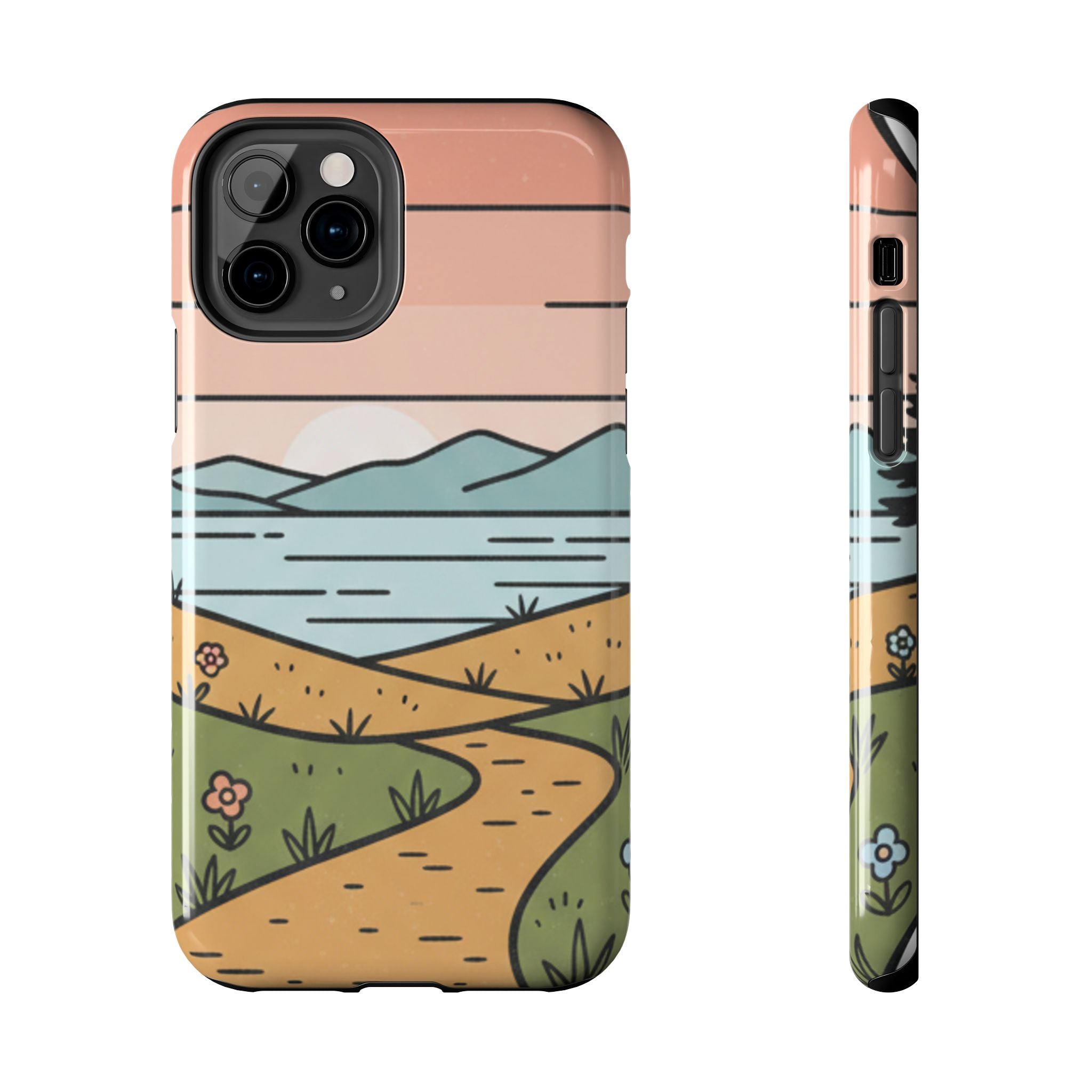 Scenic Path Tough Phone Case — Pastel Lake & Mountain Protective Cover