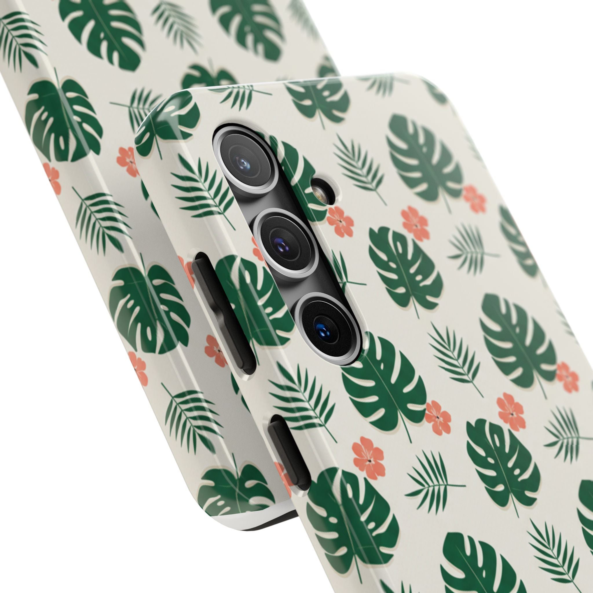 Tropical Leaves Tough Phone Case — Monstera & Pink Floral Protective Cover