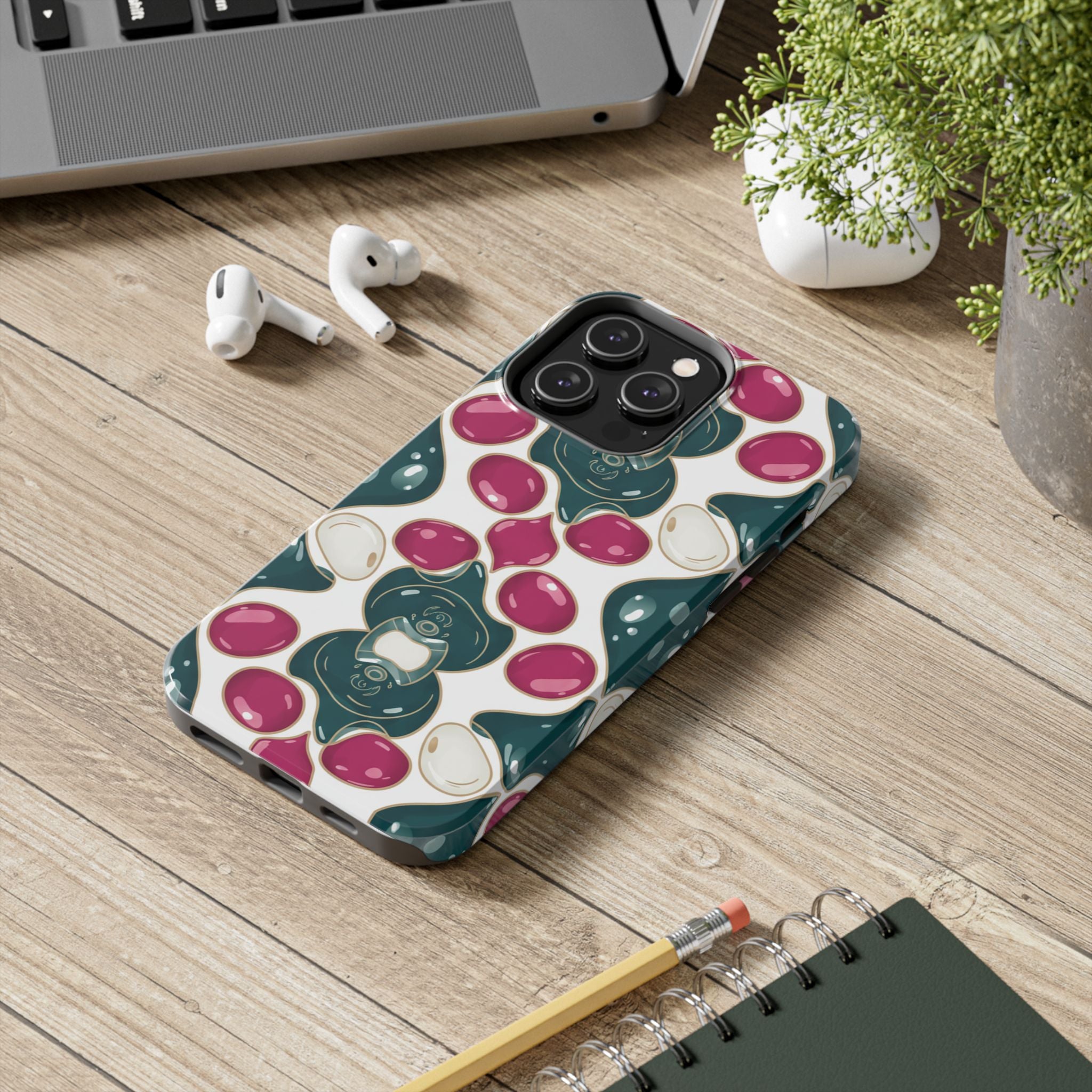 Floral Jewel Pattern Tough Phone Case — Teal & Fuchsia Protective Cover