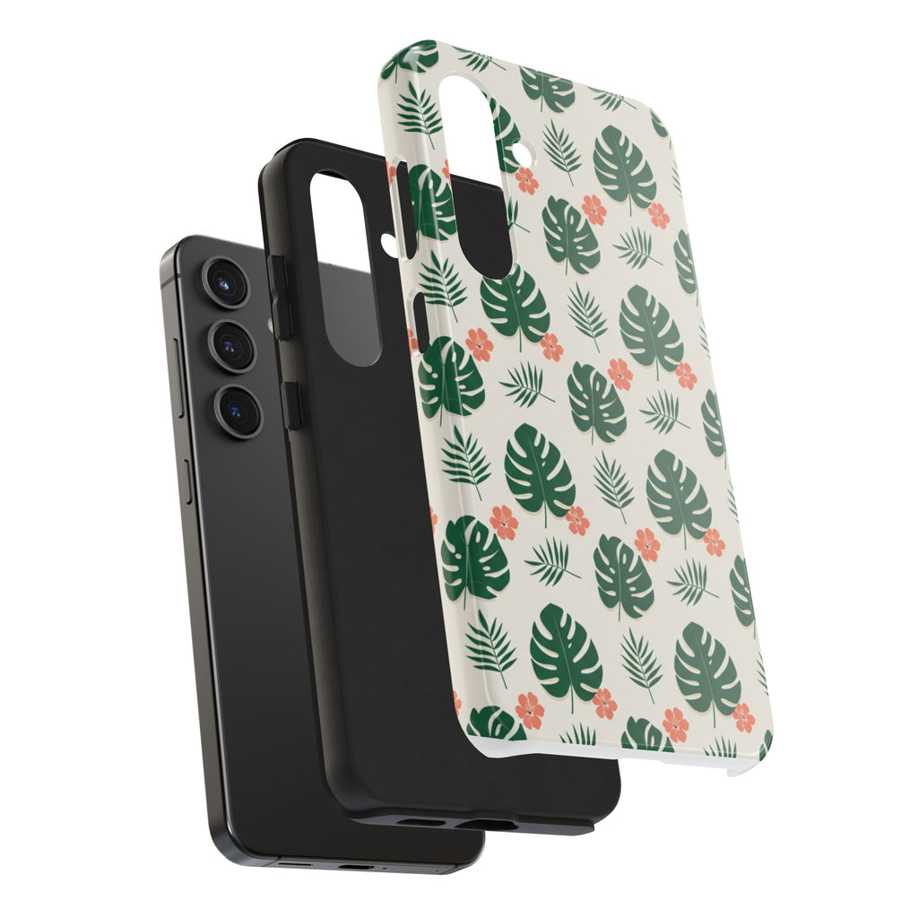 Tropical Leaves Tough Phone Case — Monstera & Pink Floral Protective Cover