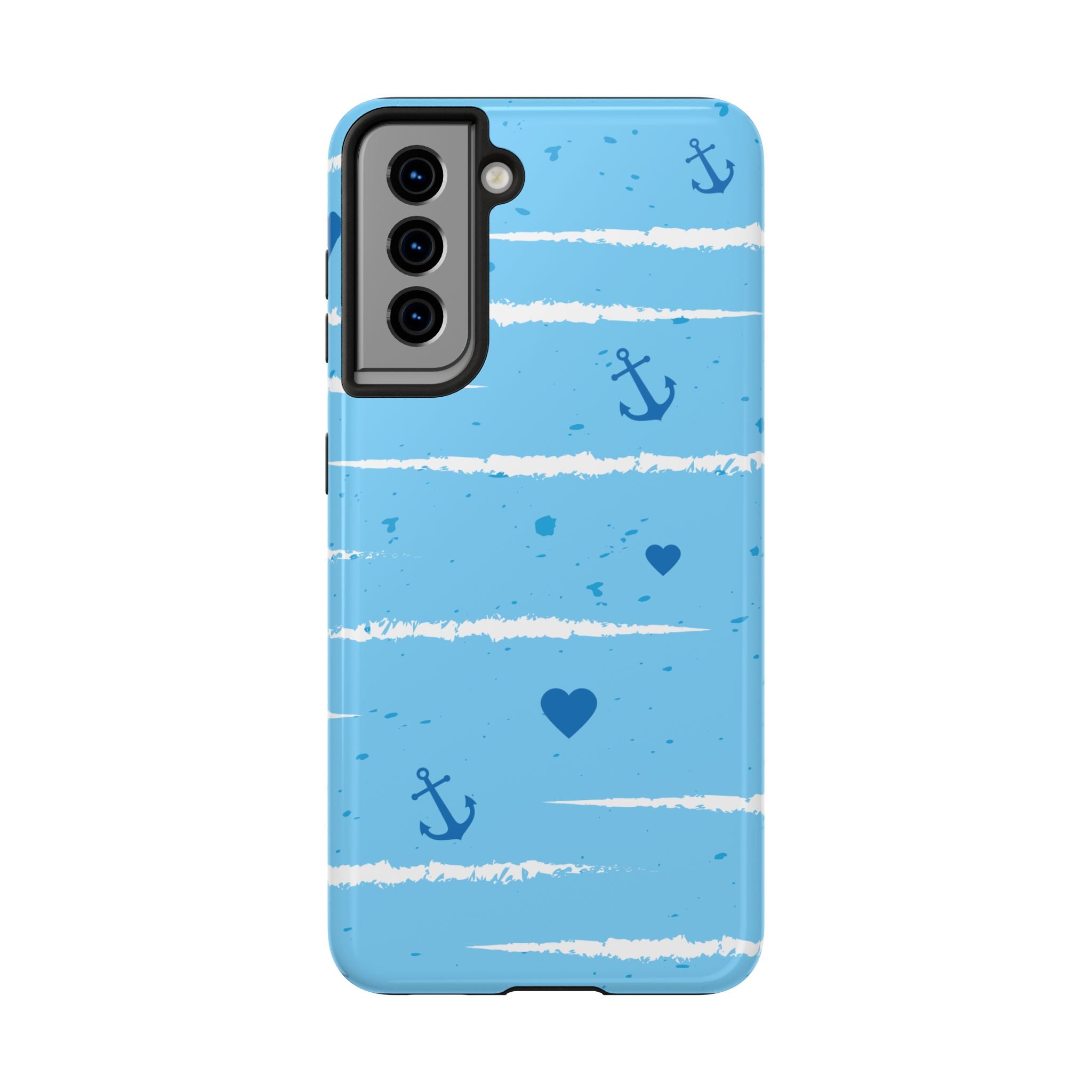 Nautical Blue Anchor & Hearts Tough Phone Case — Cute Striped Protective Cover