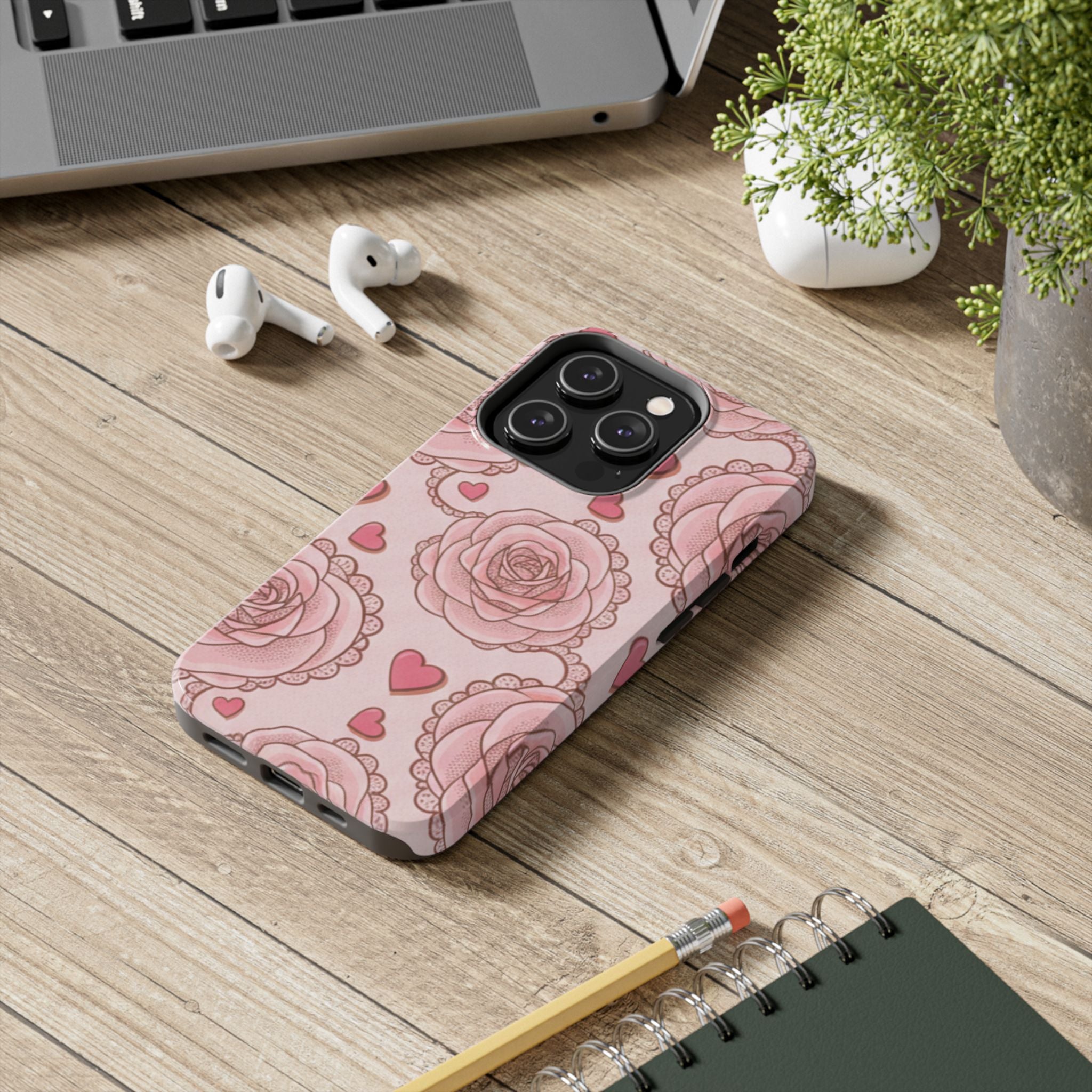 Floral Heart Phone Case — Pink Rose Pattern Tough Protective Case
