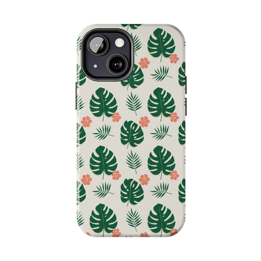 Tropical Leaves Tough Phone Case — Monstera & Pink Floral Protective Cover