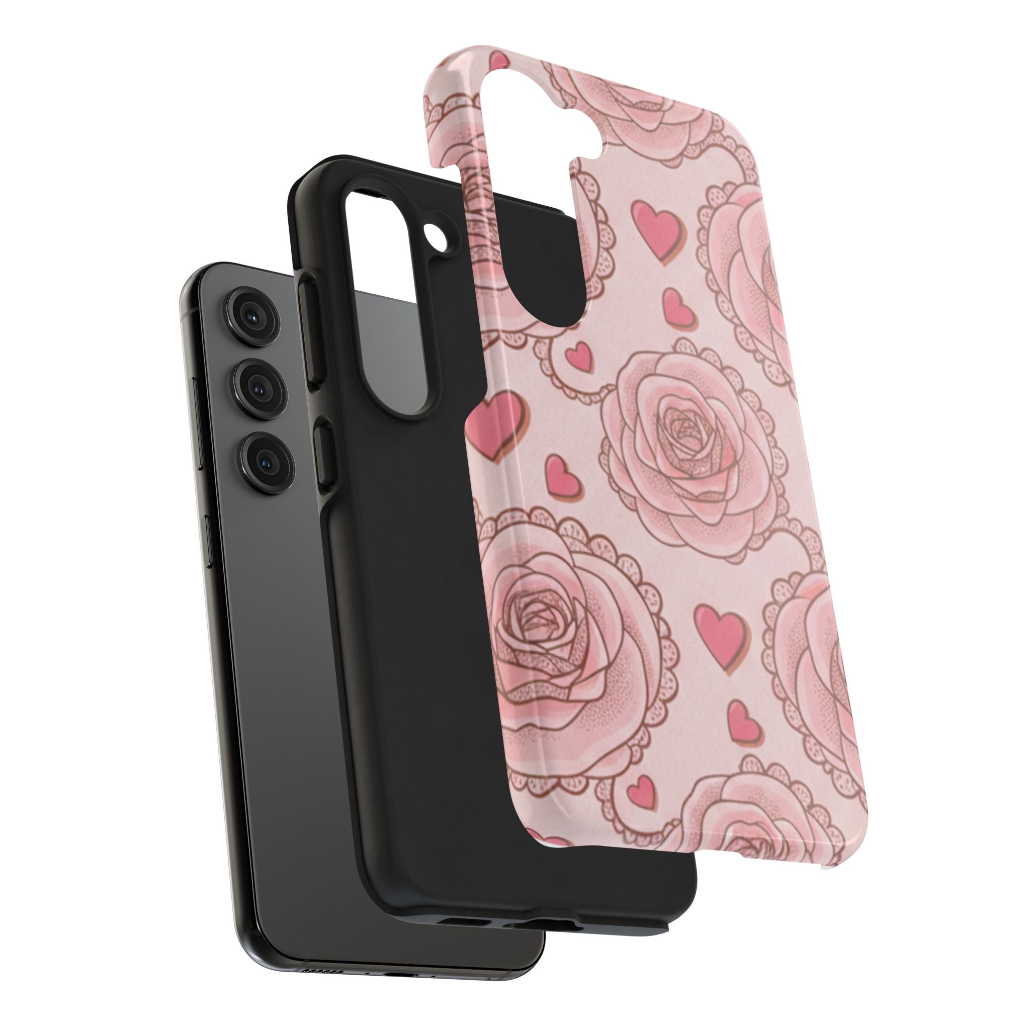 Floral Heart Phone Case — Pink Rose Pattern Tough Protective Case