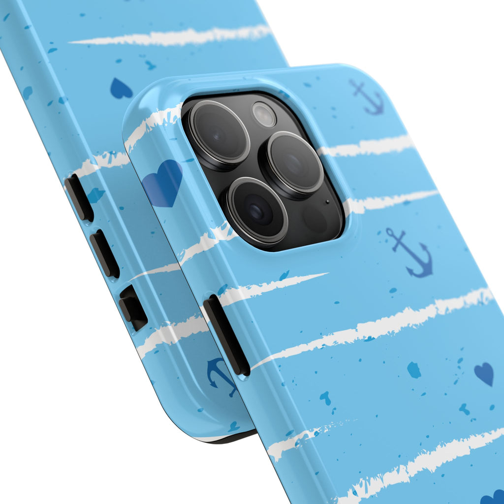 Nautical Blue Anchor & Hearts Tough Phone Case — Cute Striped Protective Cover