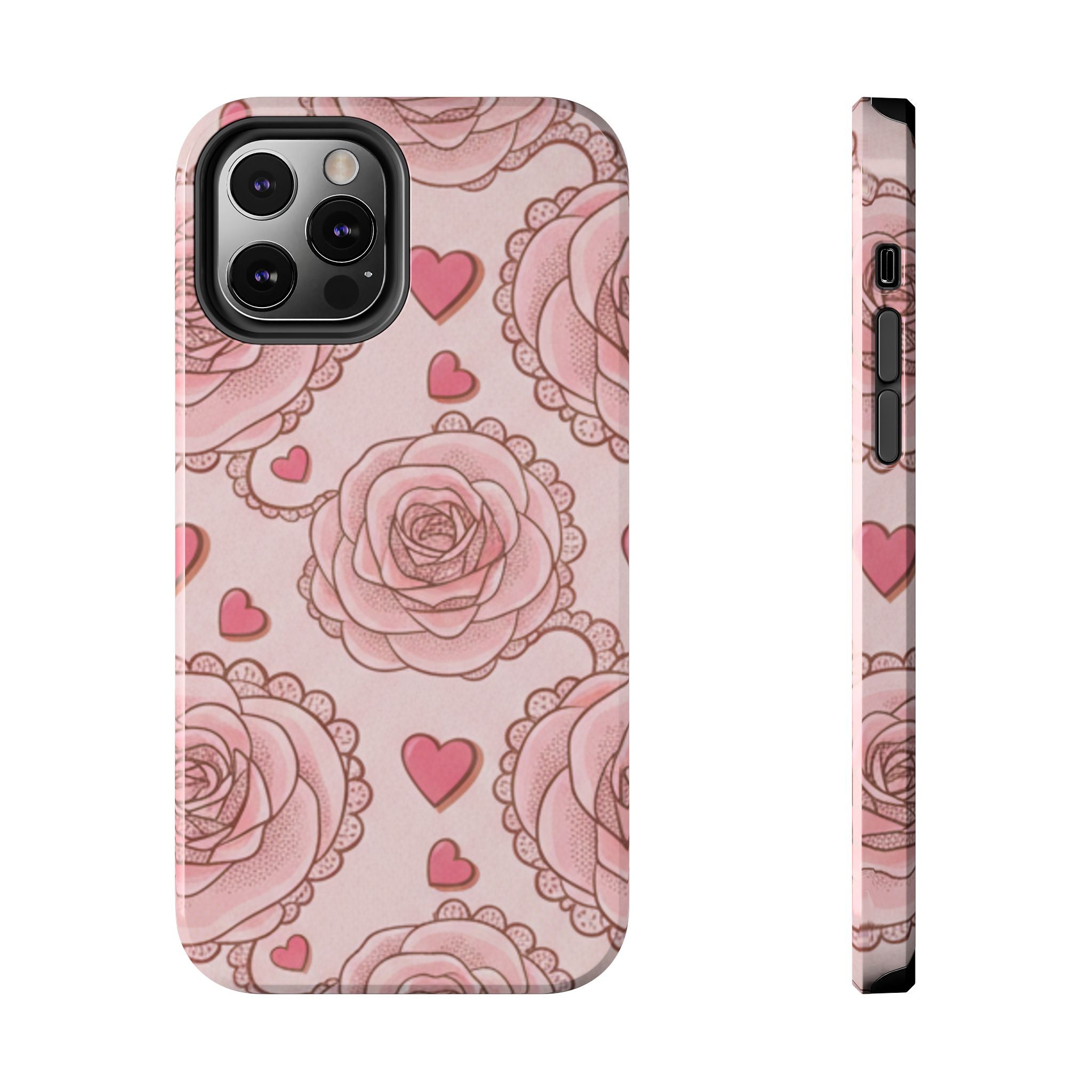 Floral Heart Phone Case — Pink Rose Pattern Tough Protective Case