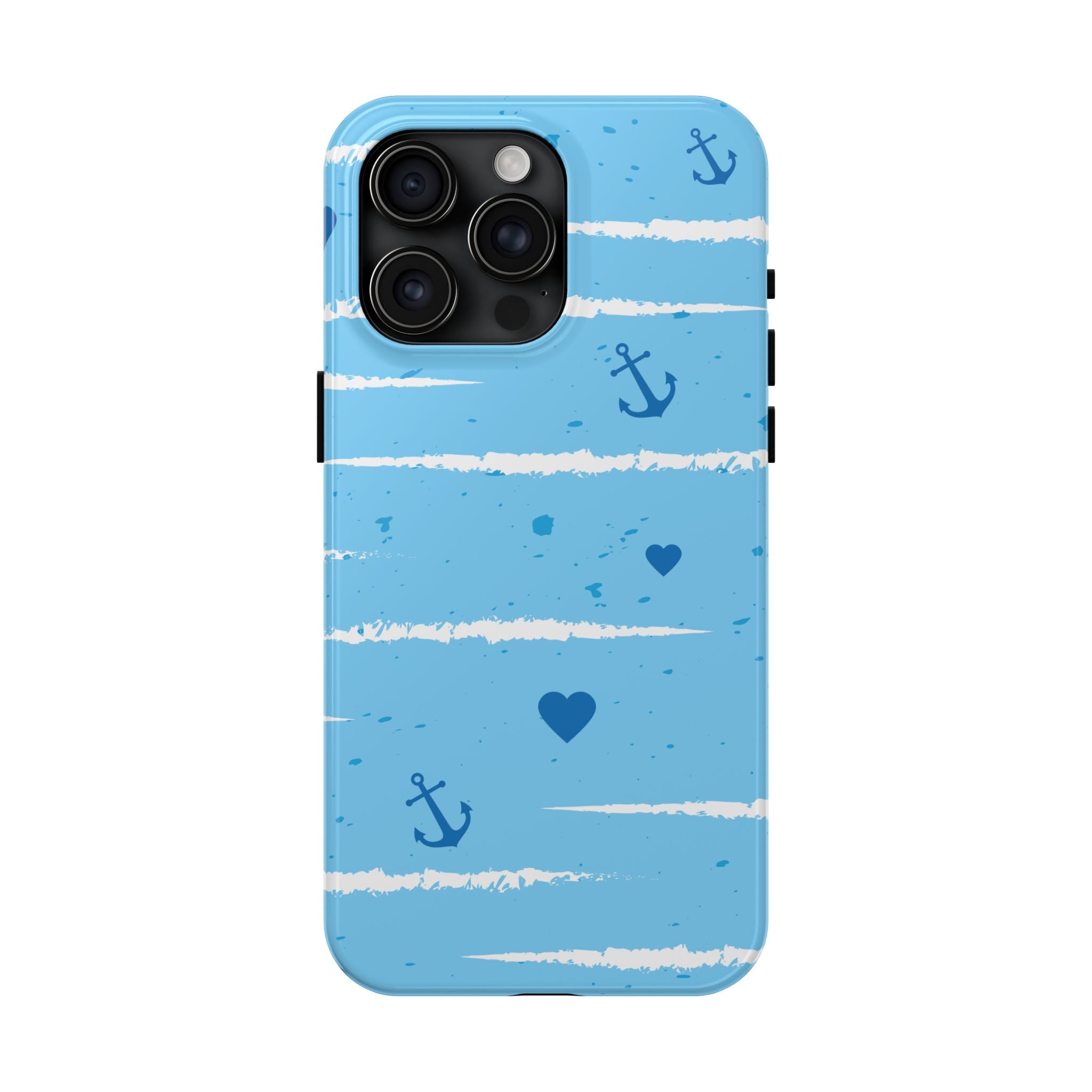 Nautical Blue Anchor & Hearts Tough Phone Case — Cute Striped Protective Cover