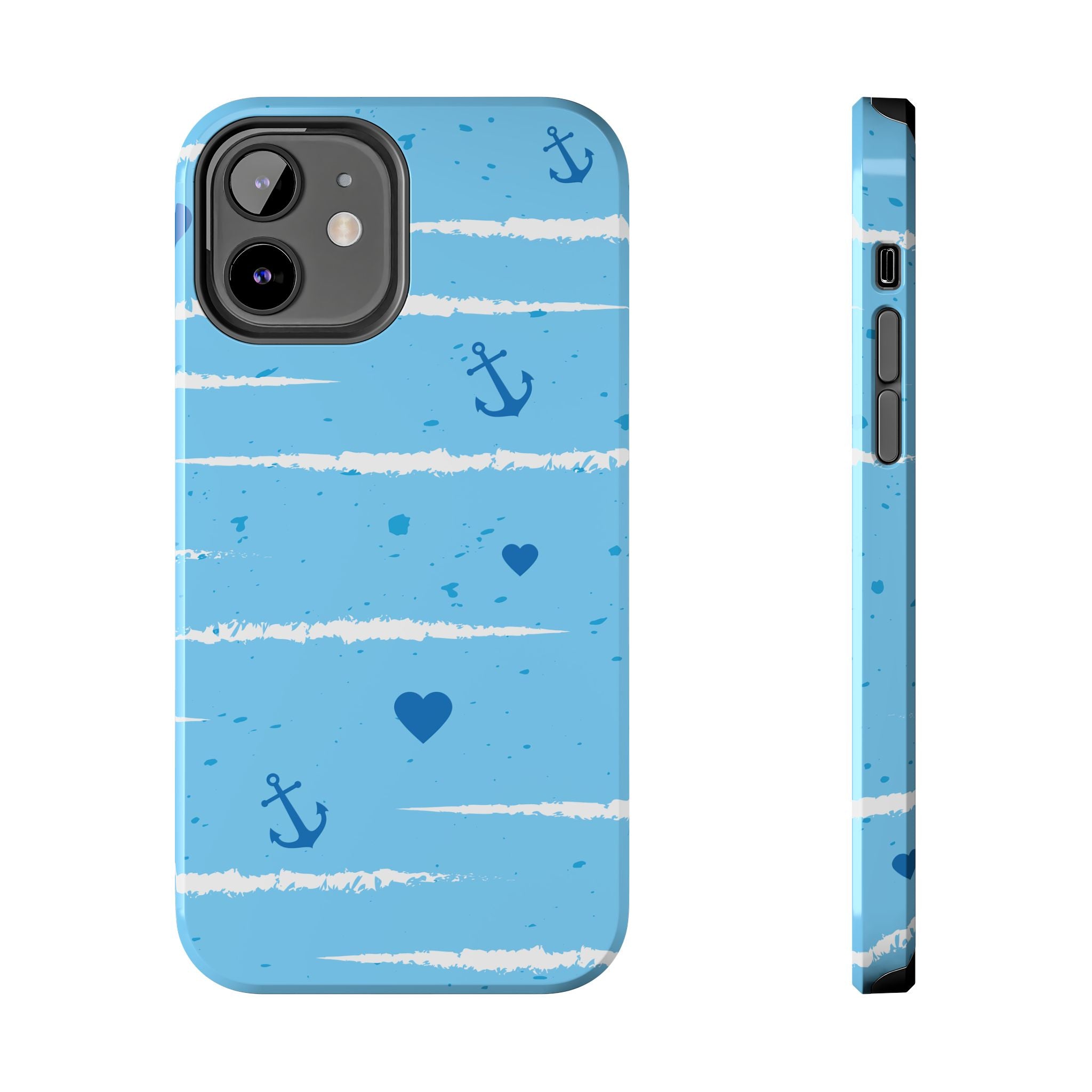 Nautical Blue Anchor & Hearts Tough Phone Case — Cute Striped Protective Cover