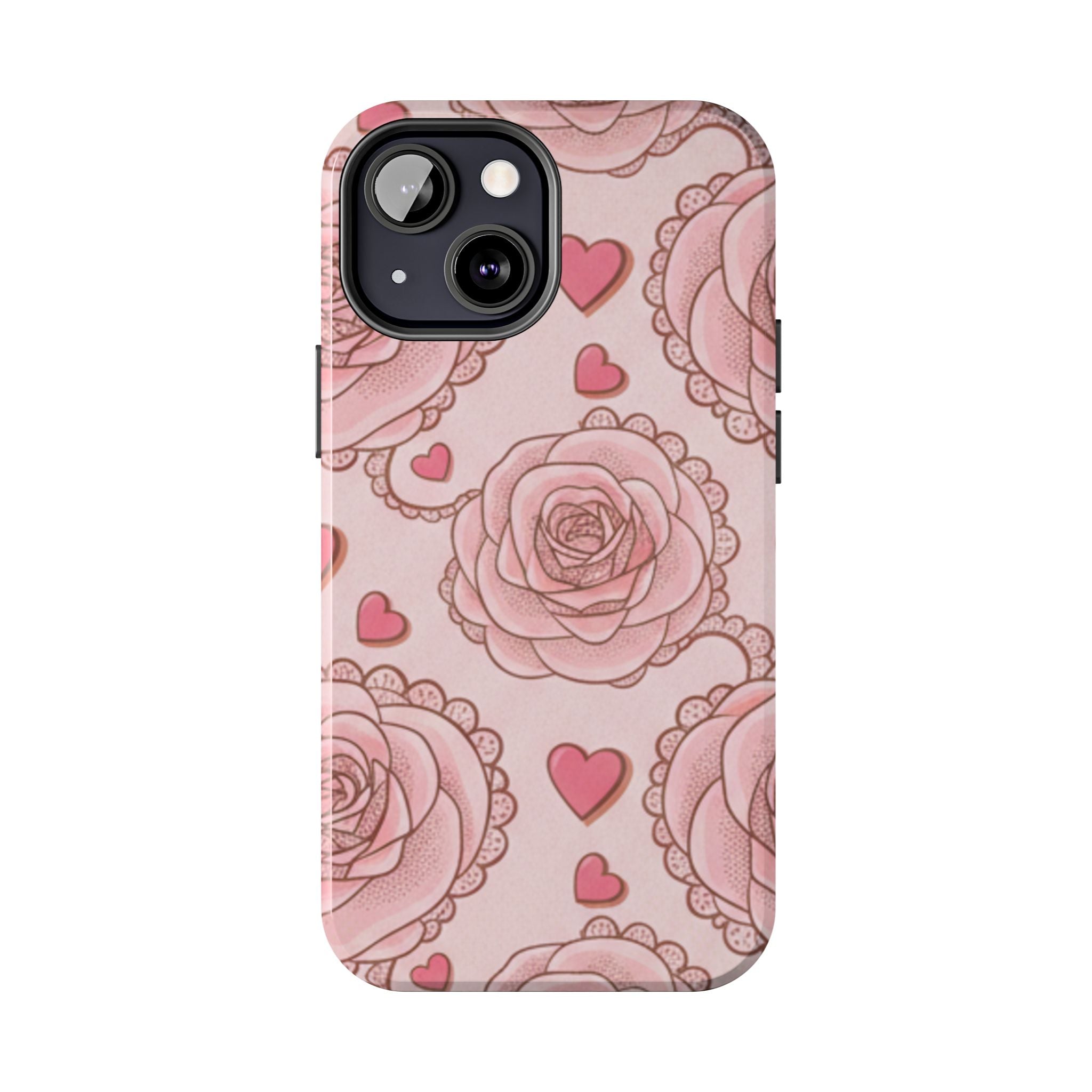 Floral Heart Phone Case — Pink Rose Pattern Tough Protective Case
