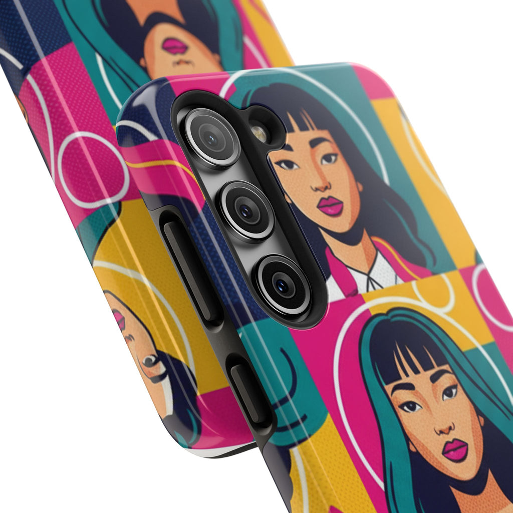 Bold Pop Art Faces Tough Phone Case — Colorful Retro Portrait Protective Cover