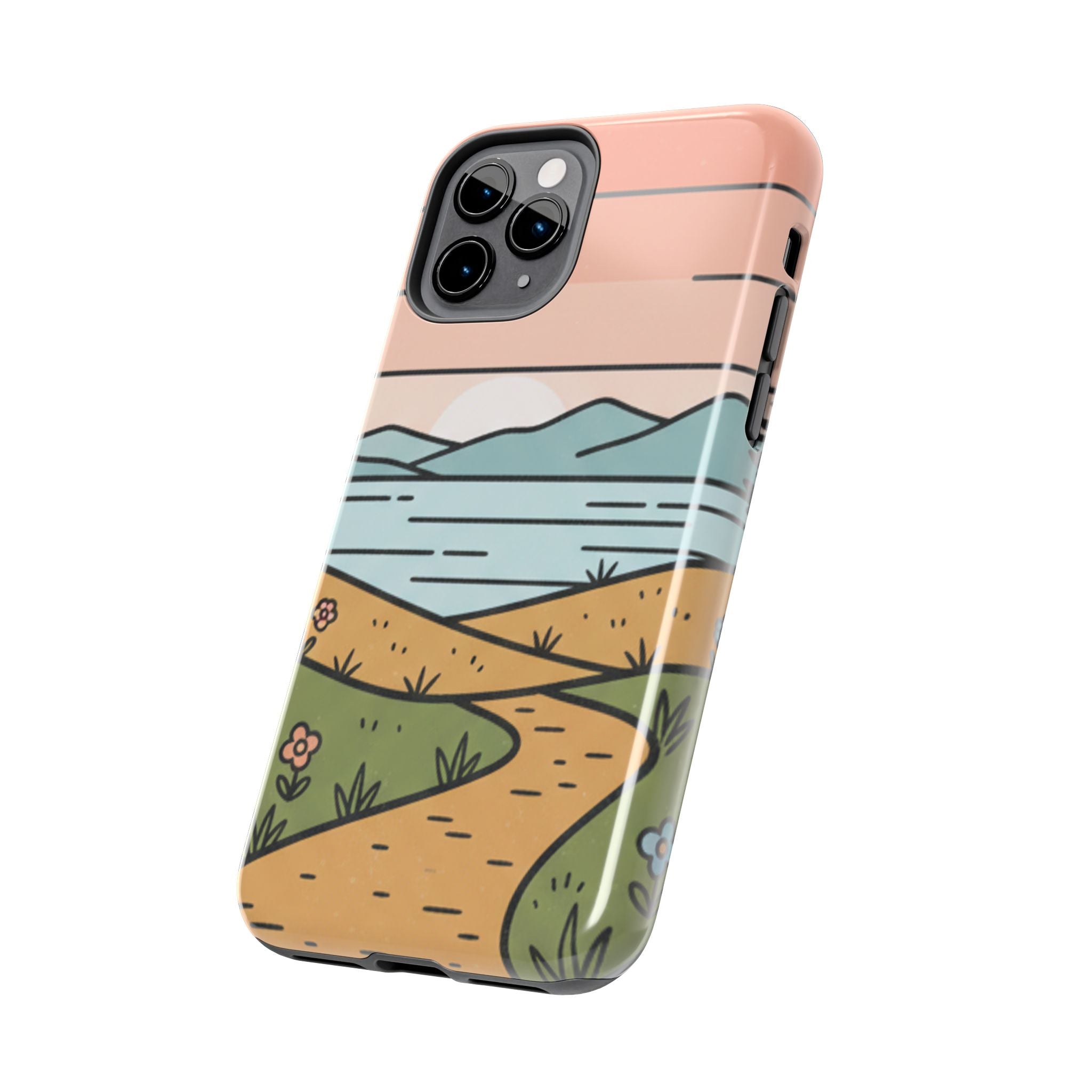 Scenic Path Tough Phone Case — Pastel Lake & Mountain Protective Cover