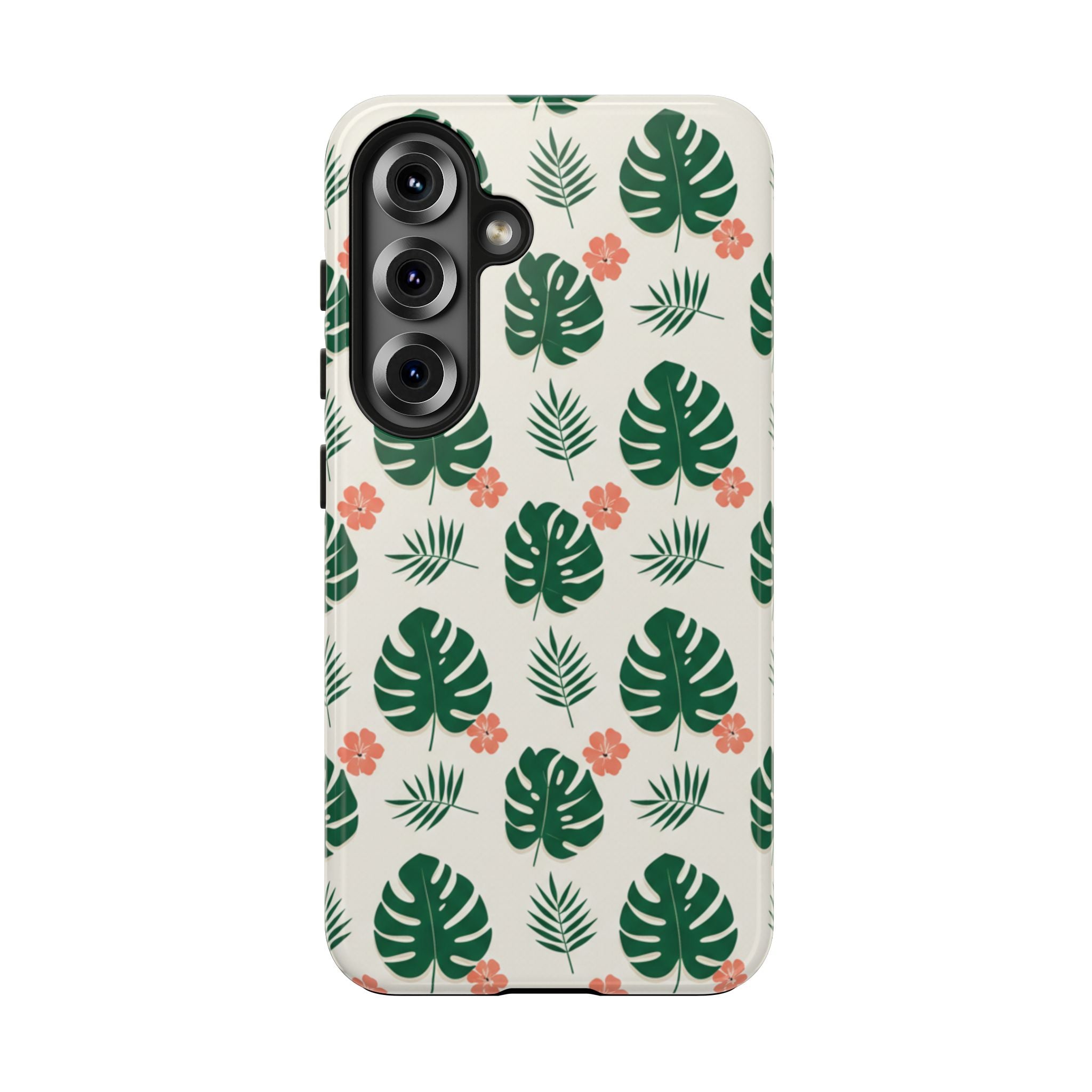 Tropical Leaves Tough Phone Case — Monstera & Pink Floral Protective Cover