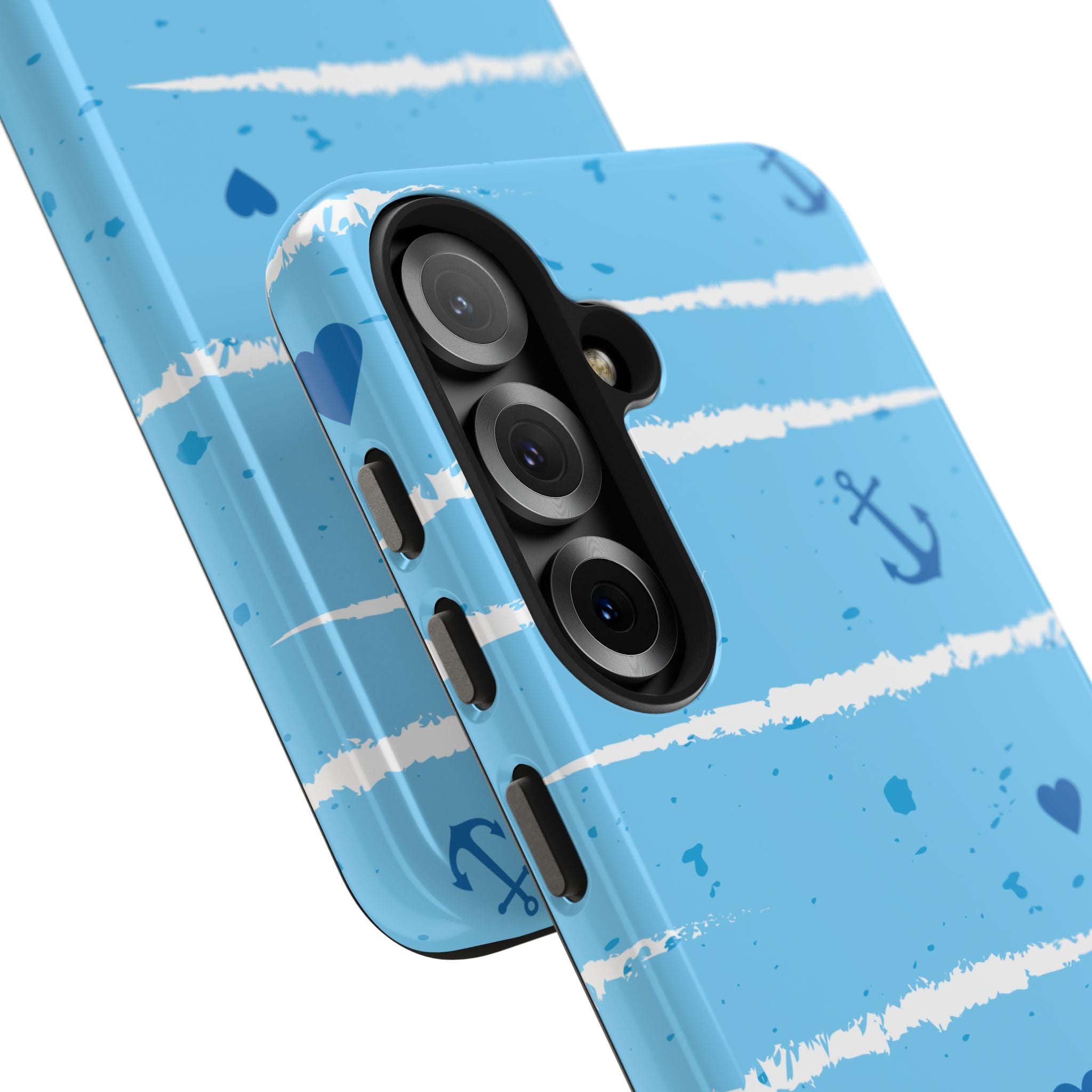 Nautical Blue Anchor & Hearts Tough Phone Case — Cute Striped Protective Cover