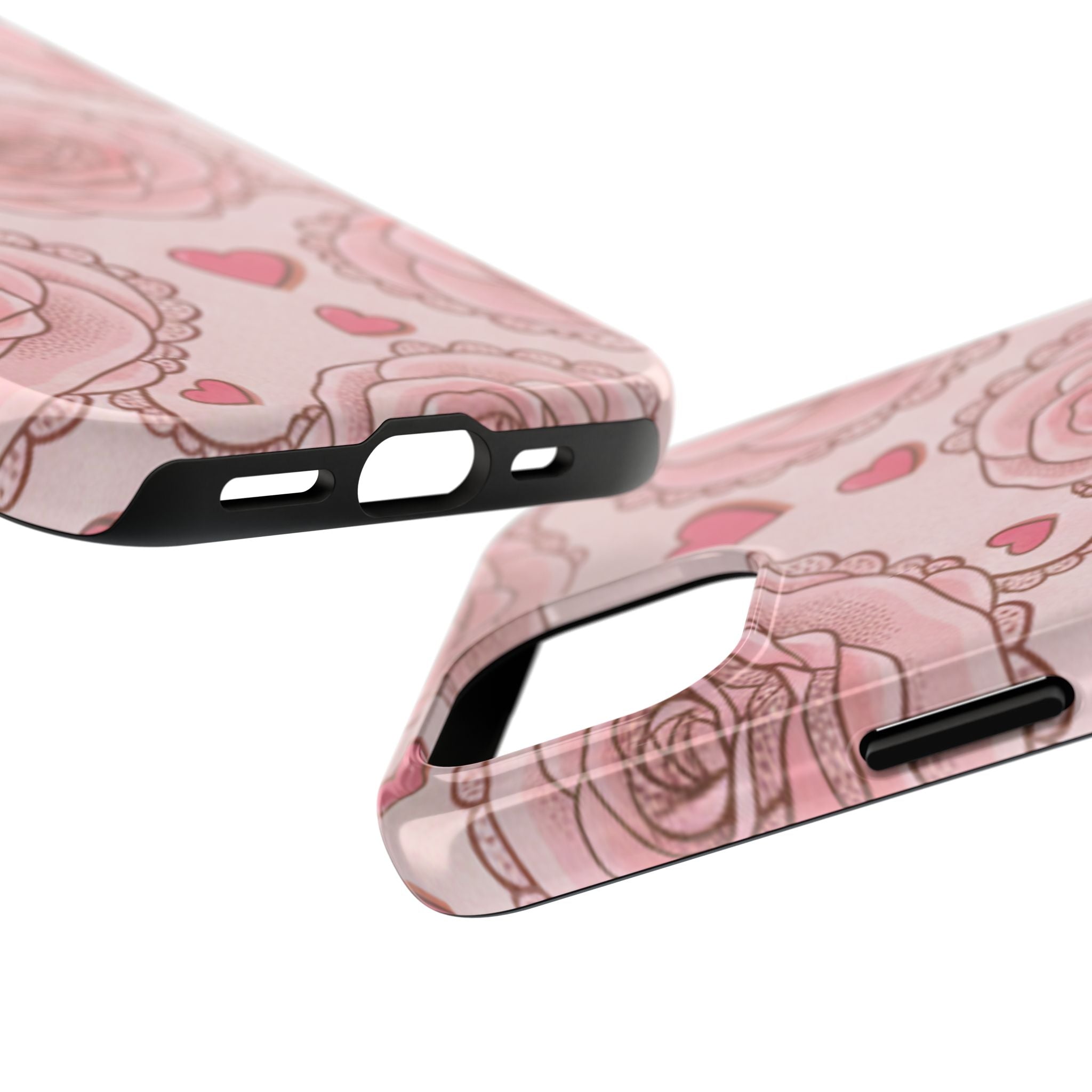 Floral Heart Phone Case — Pink Rose Pattern Tough Protective Case