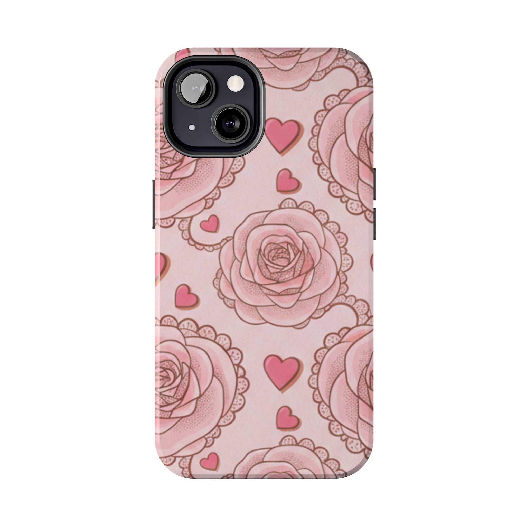 Floral Heart Phone Case — Pink Rose Pattern Tough Protective Case